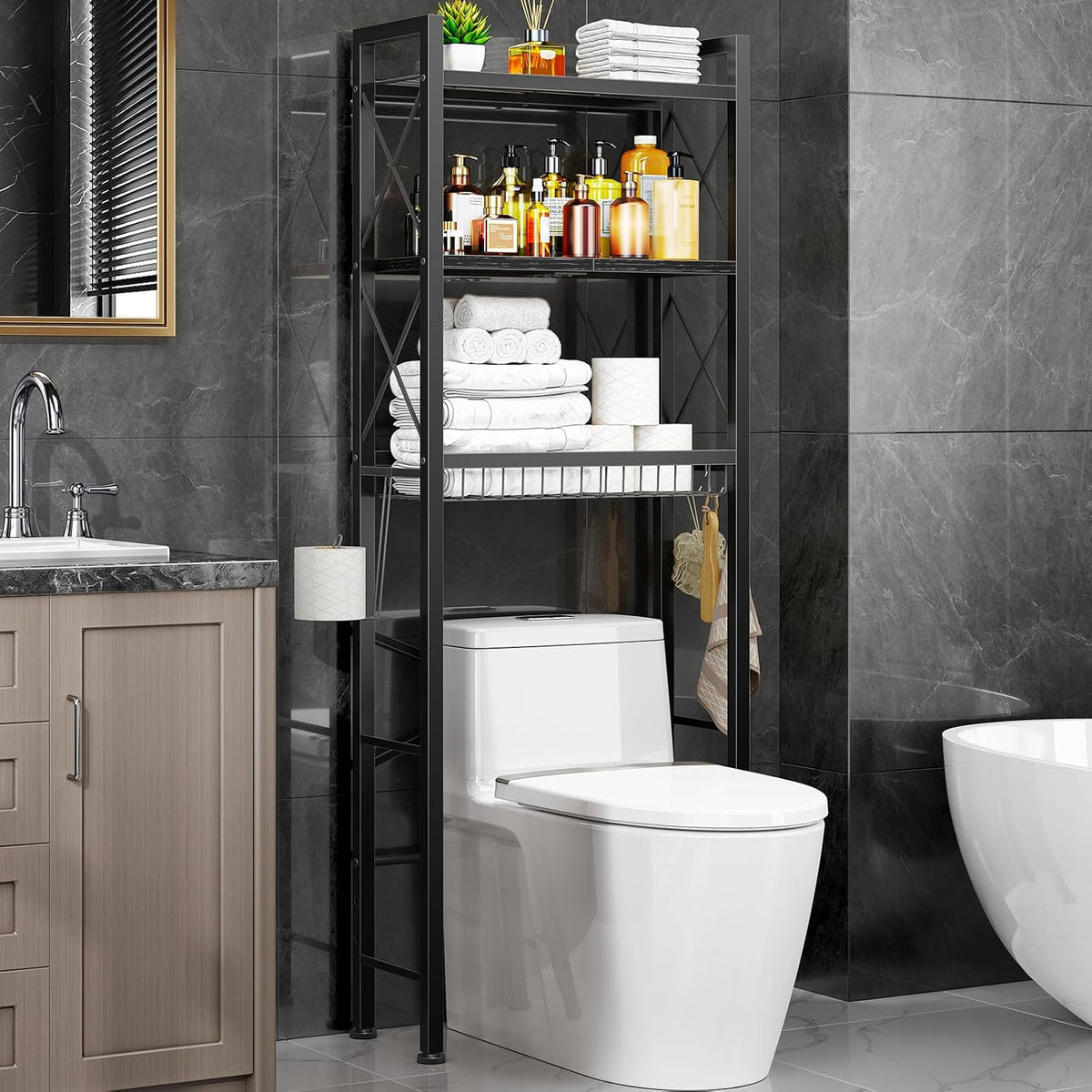 Kalrin Over The Toilet Storage with X Shape Side Guardrail, 3-Tier Over Toilet Storage Rack with Drain Basket, Freestanding Bathroom Organizer for Balcony Laundry, Pure Black