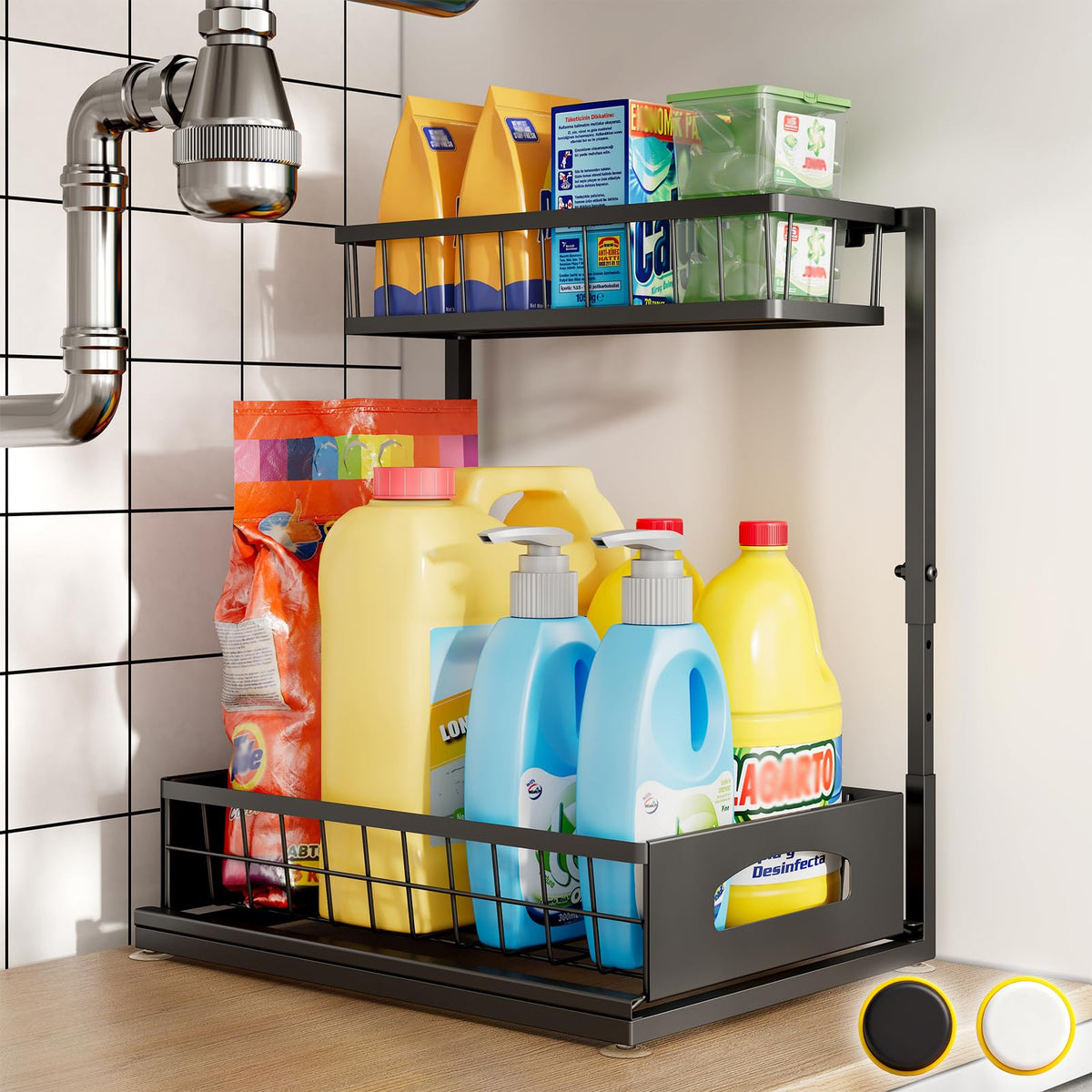 Under Sink Organizer, 2-Pack L-Shaped Metal Pull-Out Drawers for Kitchen