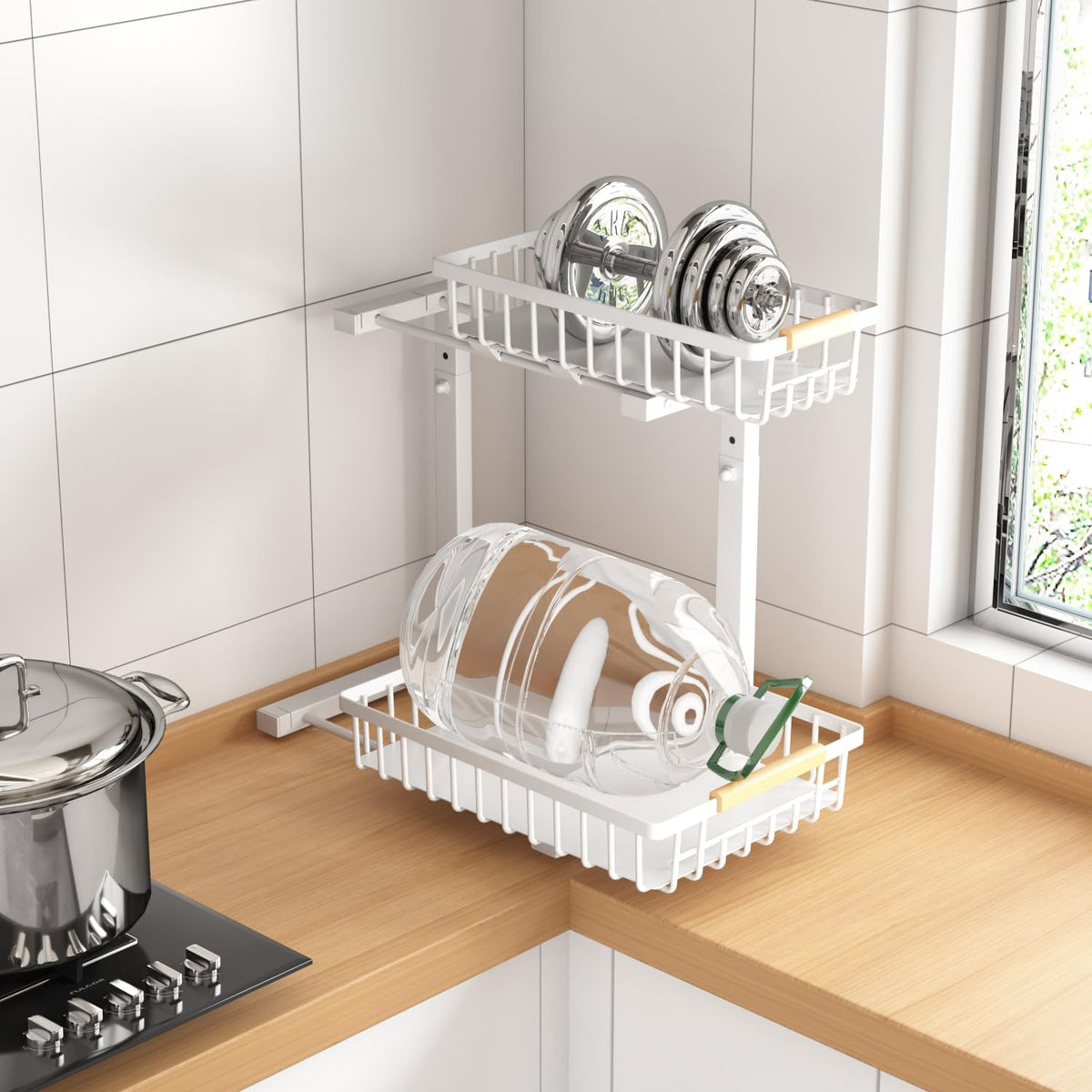 Merrylun Under Sink Organizers,5 Adjustable Height，Metal Pull Out Under Sink Organizers and Storage Shelves with Sliding Drawer, White 1pack（Hight 13.6″-16.9″）