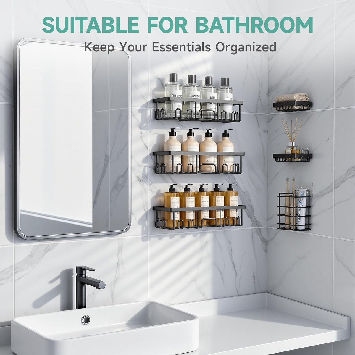 Veken Shower Caddy 6-Pack, Bathroom Organizers and Storage Shelves, Black