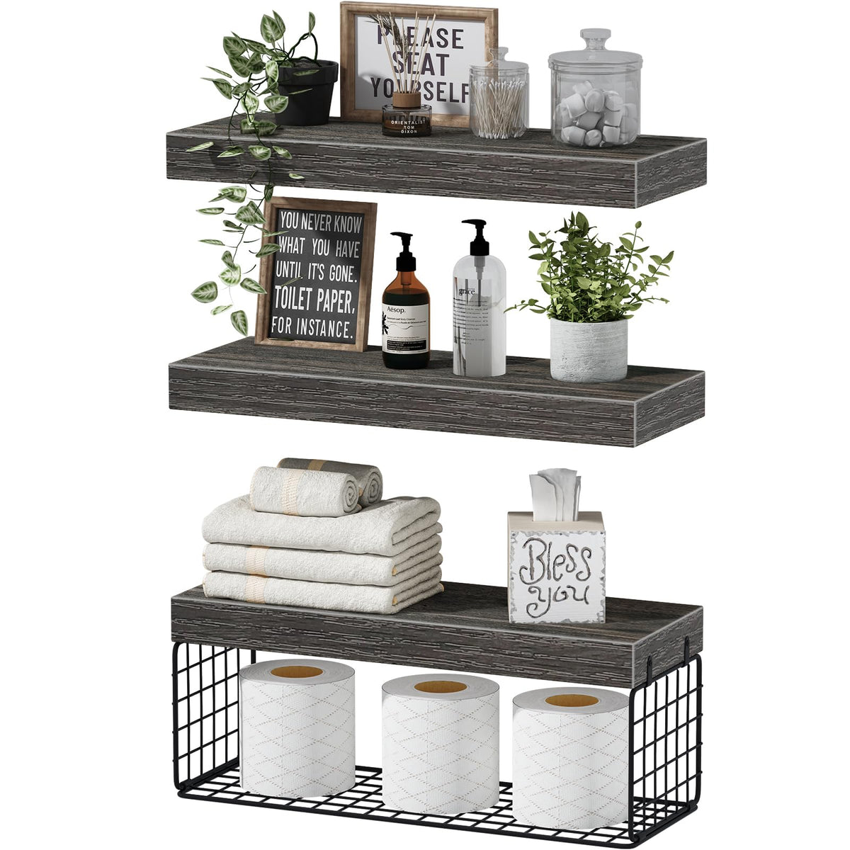 QEEIG Bathroom Shelves Over Toilet Wall Mounted (Brown, Set of 3, 15.7")