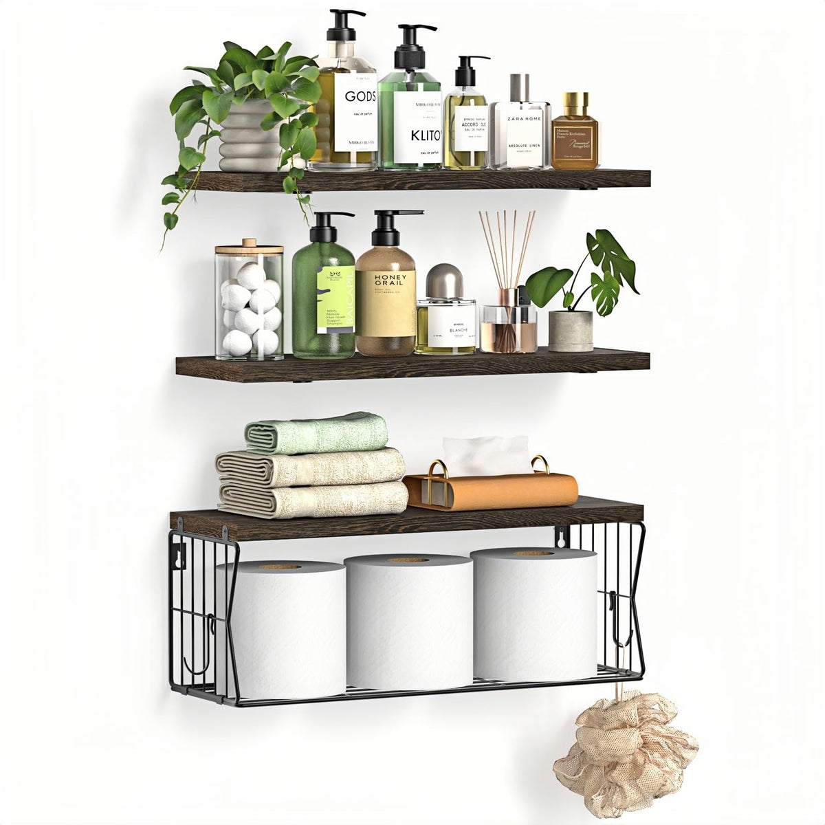 Floating Bathroom Shelves Wall Mounted - Wooden Shelf Set of 3 for Over Toilet Storage & Modern Bathroom Decor - Perfect Wall Shelving Organizer for Apartments RVs Powder Rooms Restroom - Black