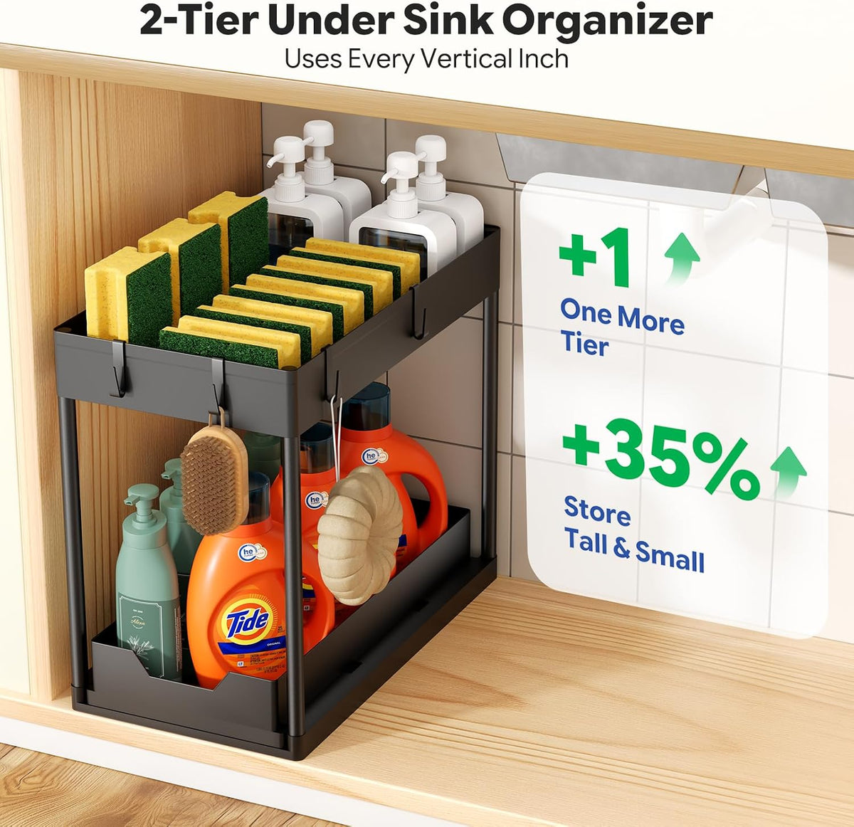 Ekisemio 2 Pack 2-Tier Under Sink Organizers with Sliding Drawer, Black