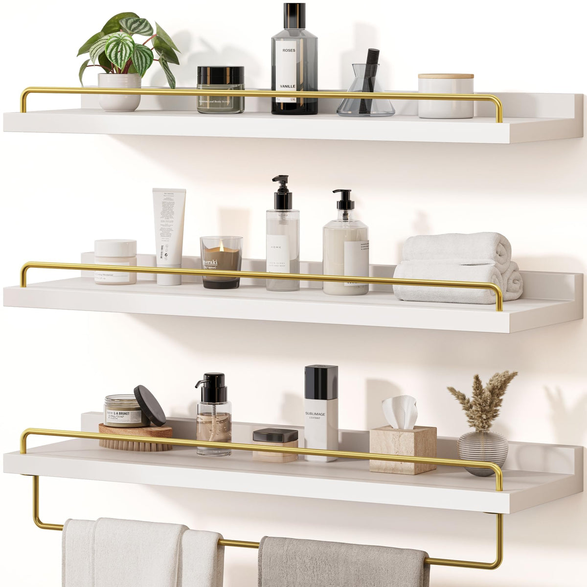 Seocry Bathroom Shelves, Wall Shelf Set of 3, Floating Shelves, Shelves for Room Wall, Bathroom Decor (White Gold, 15.7 Inches)
