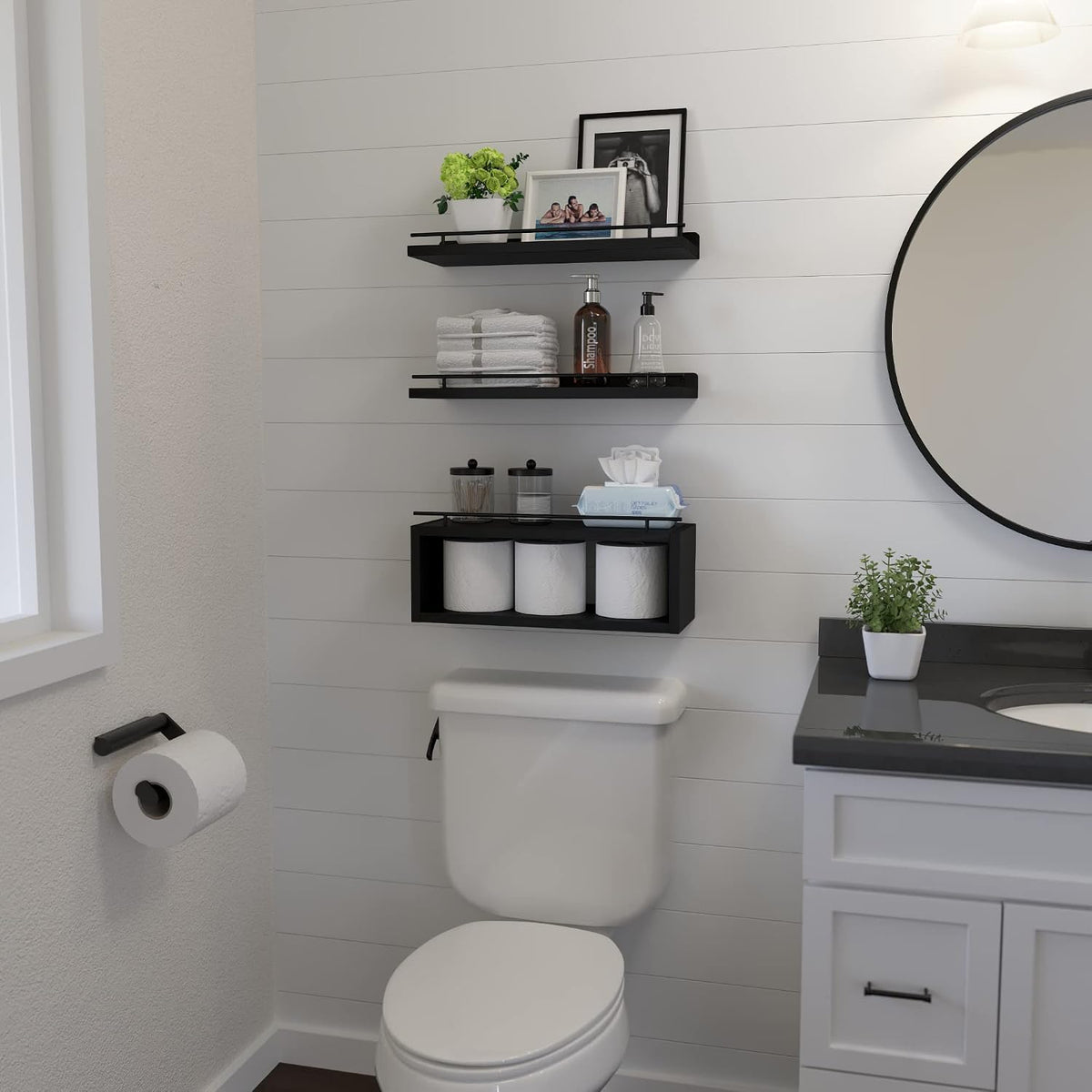 WOPITUES Floating Shelves for Wall with Cube Shelf, Wall Shelves with Metal Rail for Bathroom Decor, Bathroom Organizers and Storage, Over Toilet Shelves for Toilet Paper-Black