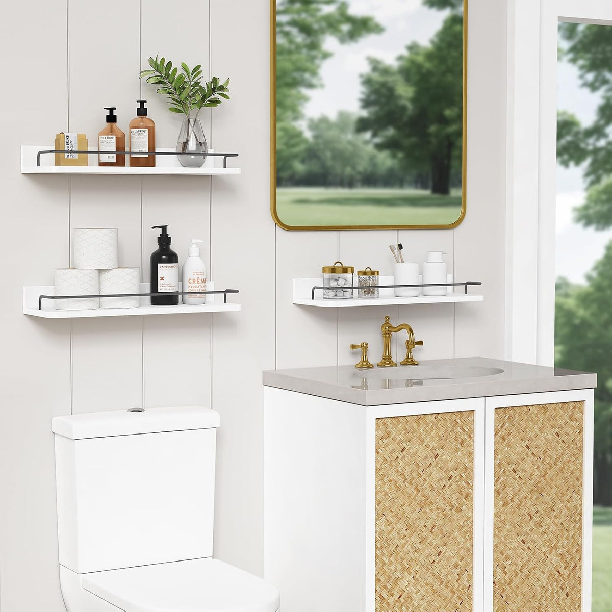 Forbena White Floating Shelves Bathroom Shelves Over Toilet Set of 3, Bathroom Organizers and Storage Shelves Wall Mounted, Modern Wood Corner Wall Shelf for Bedroom Closet -White and Dark Grey