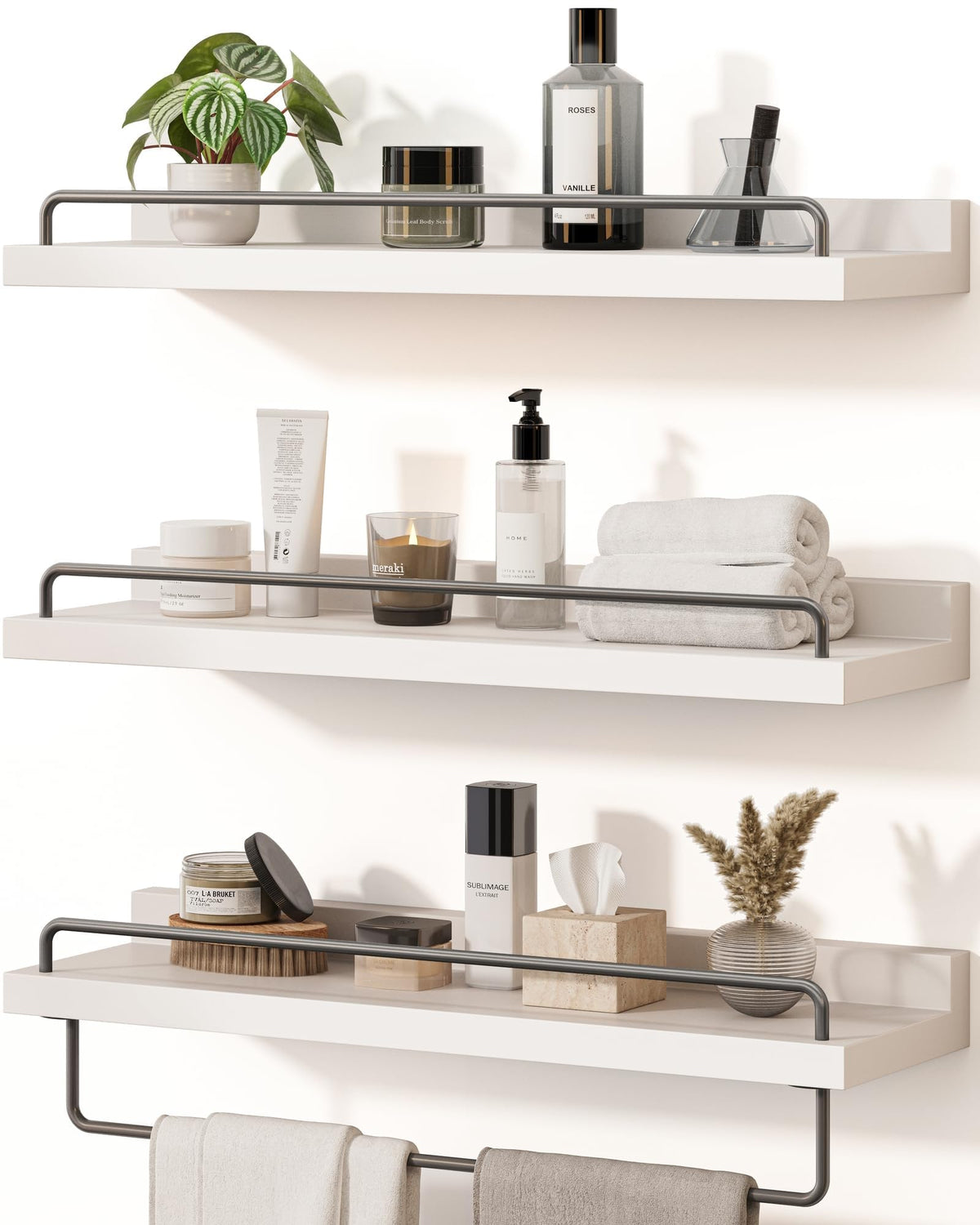Seocry Bathroom Shelves, Wall Shelf Set of 3, Floating Shelves, Shelves for Room Wall, Bathroom Decor (White Gold, 15.7 Inches)