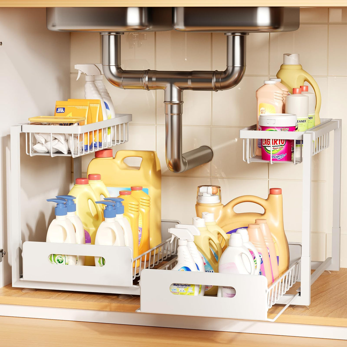 Under Kitchen Sink Organizer, Metal Pull Out Bathroom Organizers and Storage, 2-Tier Cabinet Organizer Shelf with Sliding Drawer, Home Organization for Kitchen, Laundry, Pantry, Black, 2 pack