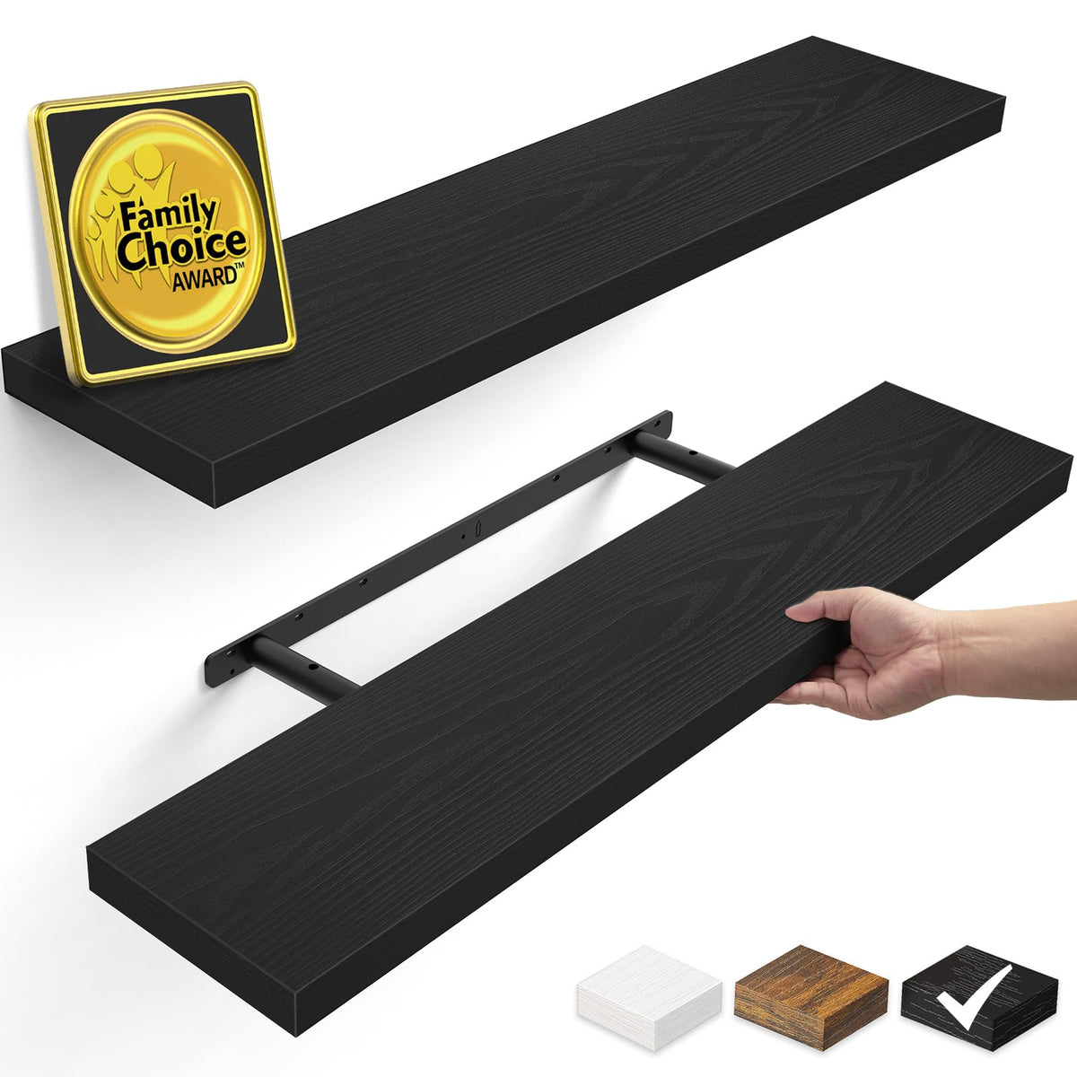 BAYKA Black Floating Shelves 15.7in, Set of 3, Wall Mount Rustic Wood Shelf