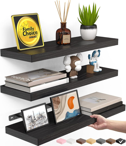 BAYKA Black Floating Shelves 15.7in, Set of 3, Wall Mount Rustic Wood Shelf