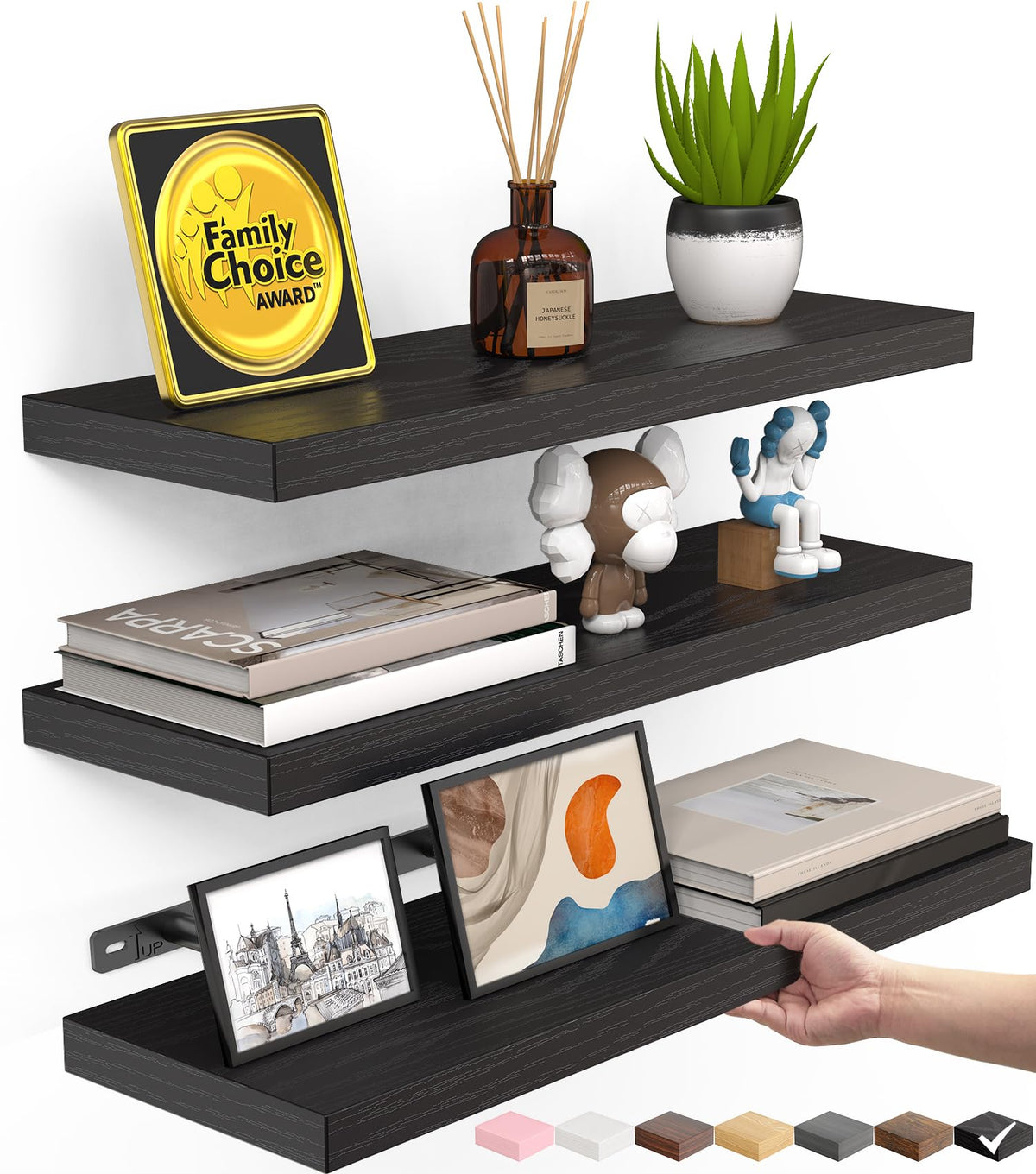 BAYKA Black Floating Shelves 15.7in, Set of 3, Wall Mount Rustic Wood Shelf