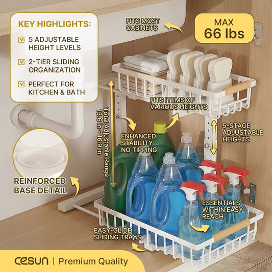 Cesun Rectangular 2-Tier Slide-Out Under Sink Organizer - Metal Frame Sliding Drawer, Stackable Storage for Kitchen Cabinets, Slideout Access, Bathroom Organizing Accessories (1-Pack, White, Indoor Use Storage Organization)