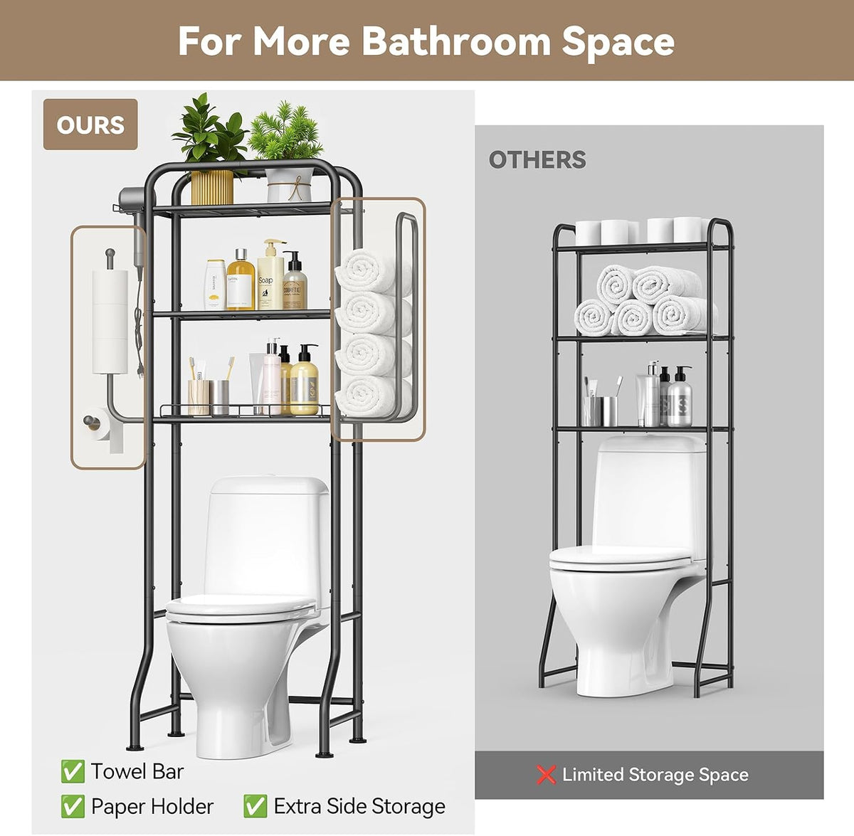 3-in-1 Over the Toilet Storage Rack, 3-Tier Toilet Organizer Shelf