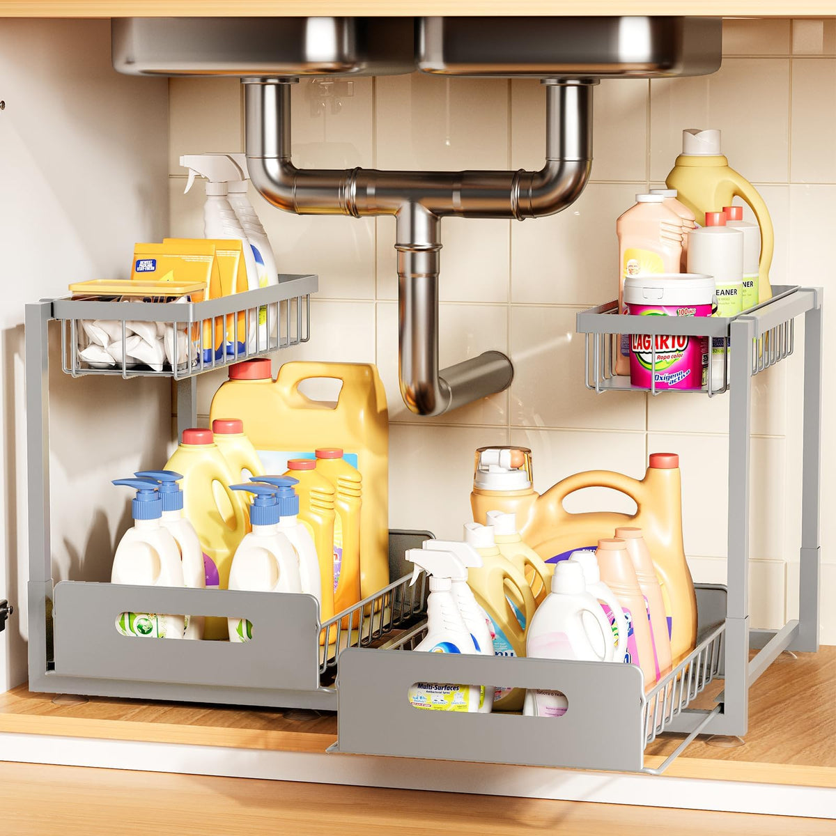 Under Kitchen Sink Organizer, Metal Pull Out Bathroom Organizers and Storage, 2-Tier Cabinet Organizer Shelf with Sliding Drawer, Home Organization for Kitchen, Laundry, Pantry, Black, 2 pack