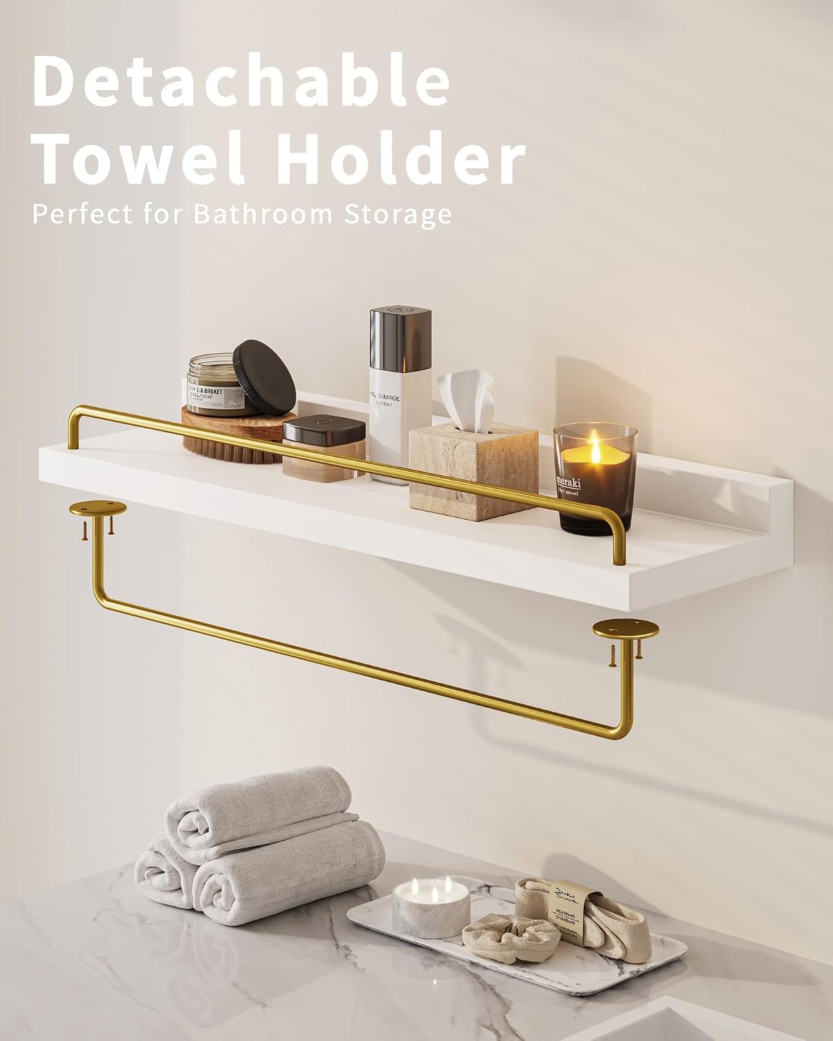 Seocry Bathroom Shelves, Wall Shelf Set of 3, Floating Shelves, Shelves for Room Wall, Bathroom Decor (White Gold, 15.7 Inches)