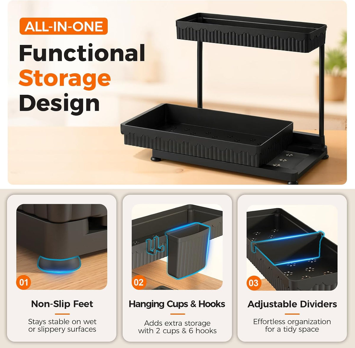 Sevenblue 3-Pack 2-Tier L-Shaped Under Sink Organizers with Sliding Drawers