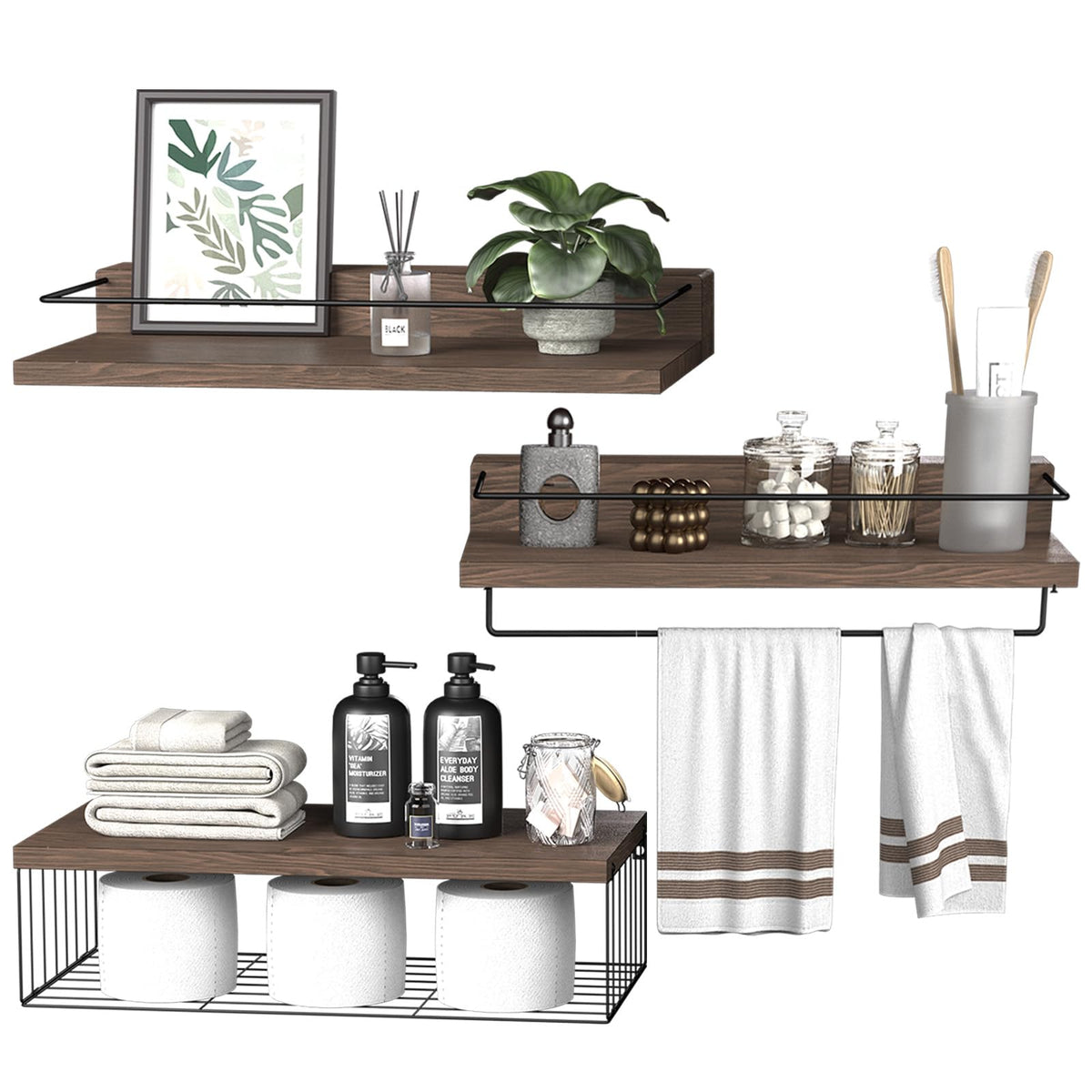 PopiShelves Bathroom Shelves Over Toilet for Wall, Floating Shelves with Storage Basket Paper Holer for Kitchen Living Room, Bedroom & Classroom, Set of 3 (Dark Brown)