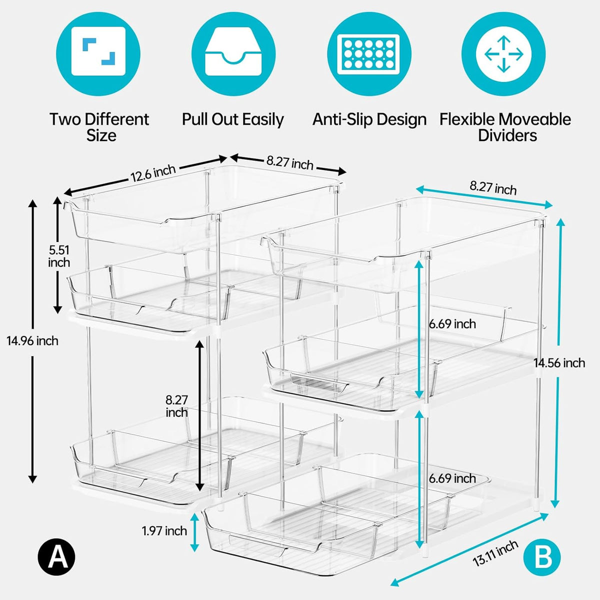 Delamu 2 Sets of 3-Tier Bathroom Under Sink Organizers and Storage, Multi-Purpose Stackable Pantry Organization and Storage, Pull Out Clear Kitchen Bathroom Cabinet Organizer with Movable Dividers