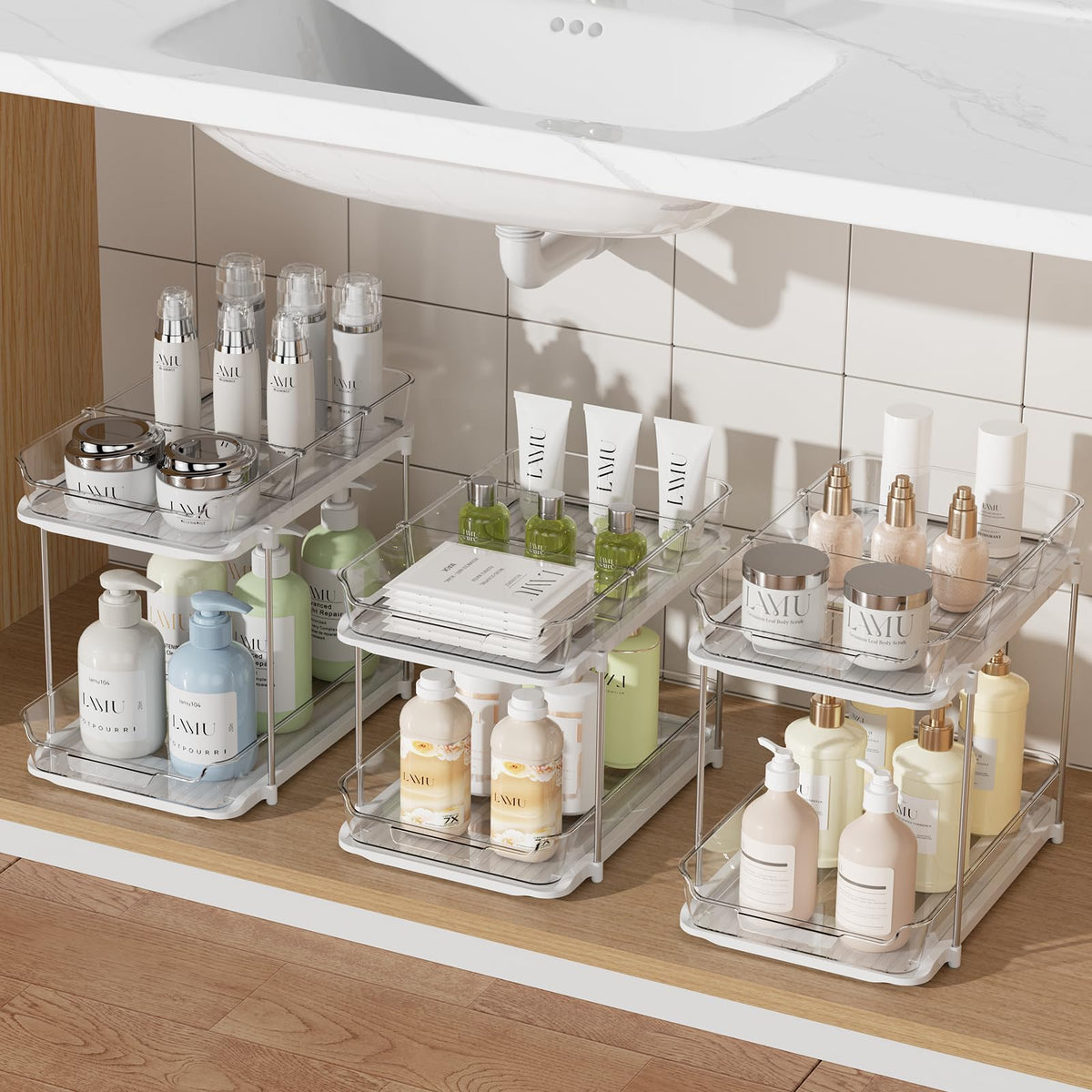 Delamu 2 Sets of 3-Tier Bathroom Under Sink Organizers and Storage, Multi-Purpose Stackable Pantry Organization and Storage, Pull Out Clear Kitchen Bathroom Cabinet Organizer with Movable Dividers
