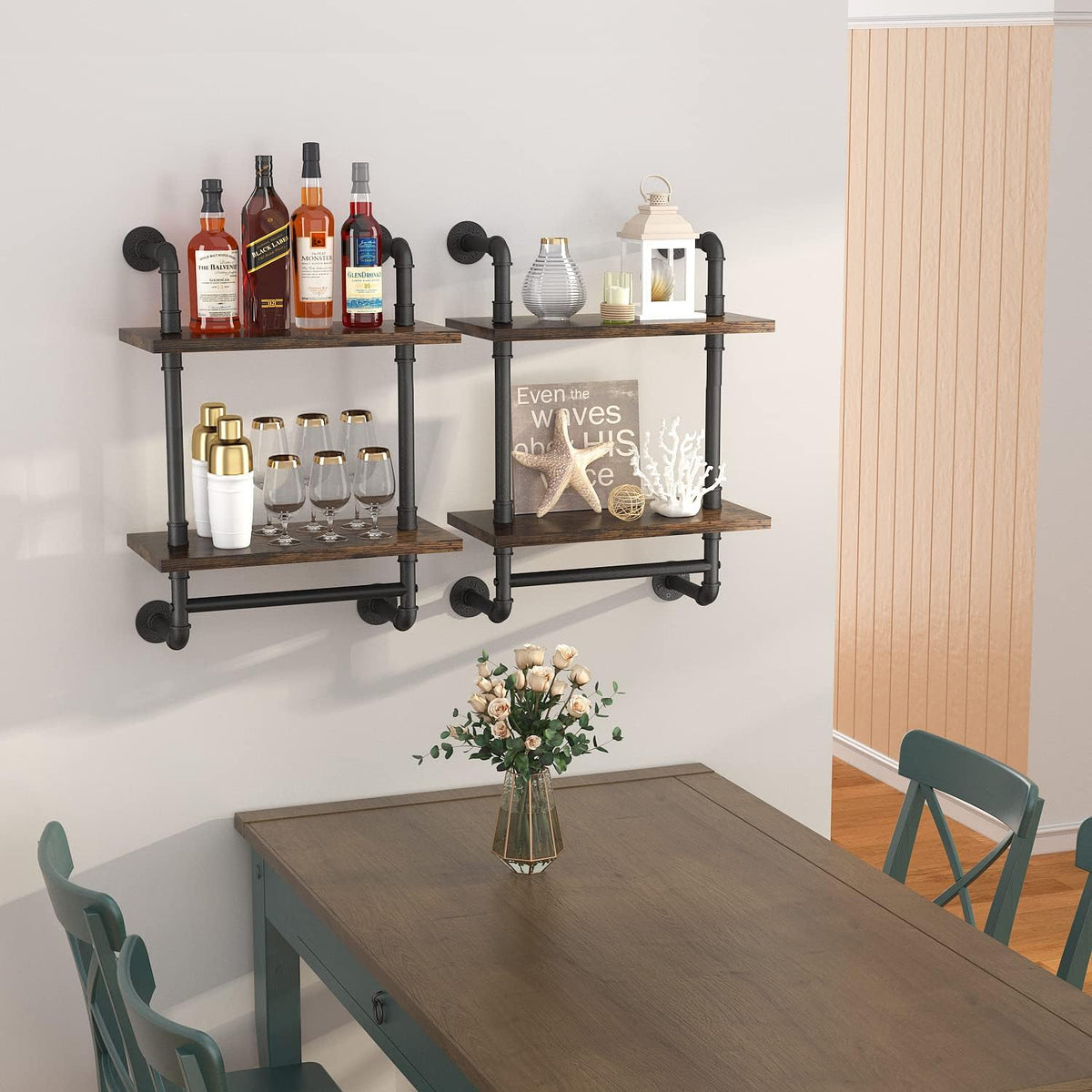 Helsin 2 Tier Industrial Pipe Floating Bathroom Shelves Wall Mounted with Towel Bar, Rustic Wood Wall Shelf, 16 Inch Metal Towel Rack Storage Bookshelf for Bathroom, Kitchen, Farmhouse, Living Room
