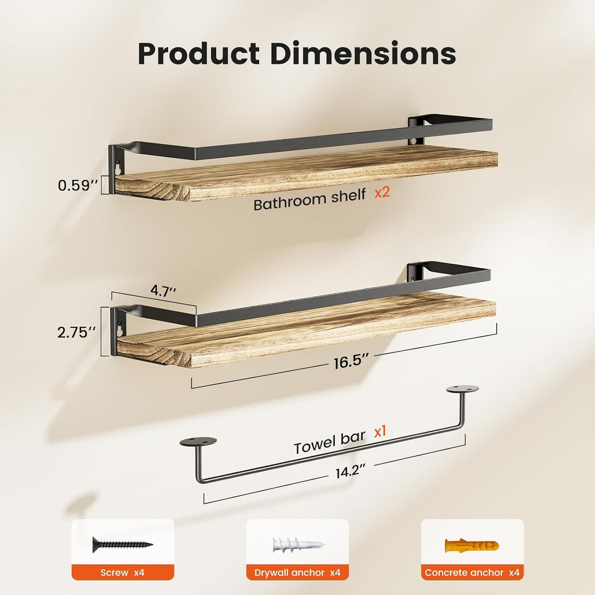 Amada Bathroom Shelves with Towel Bar, Set of 2, Light Brown