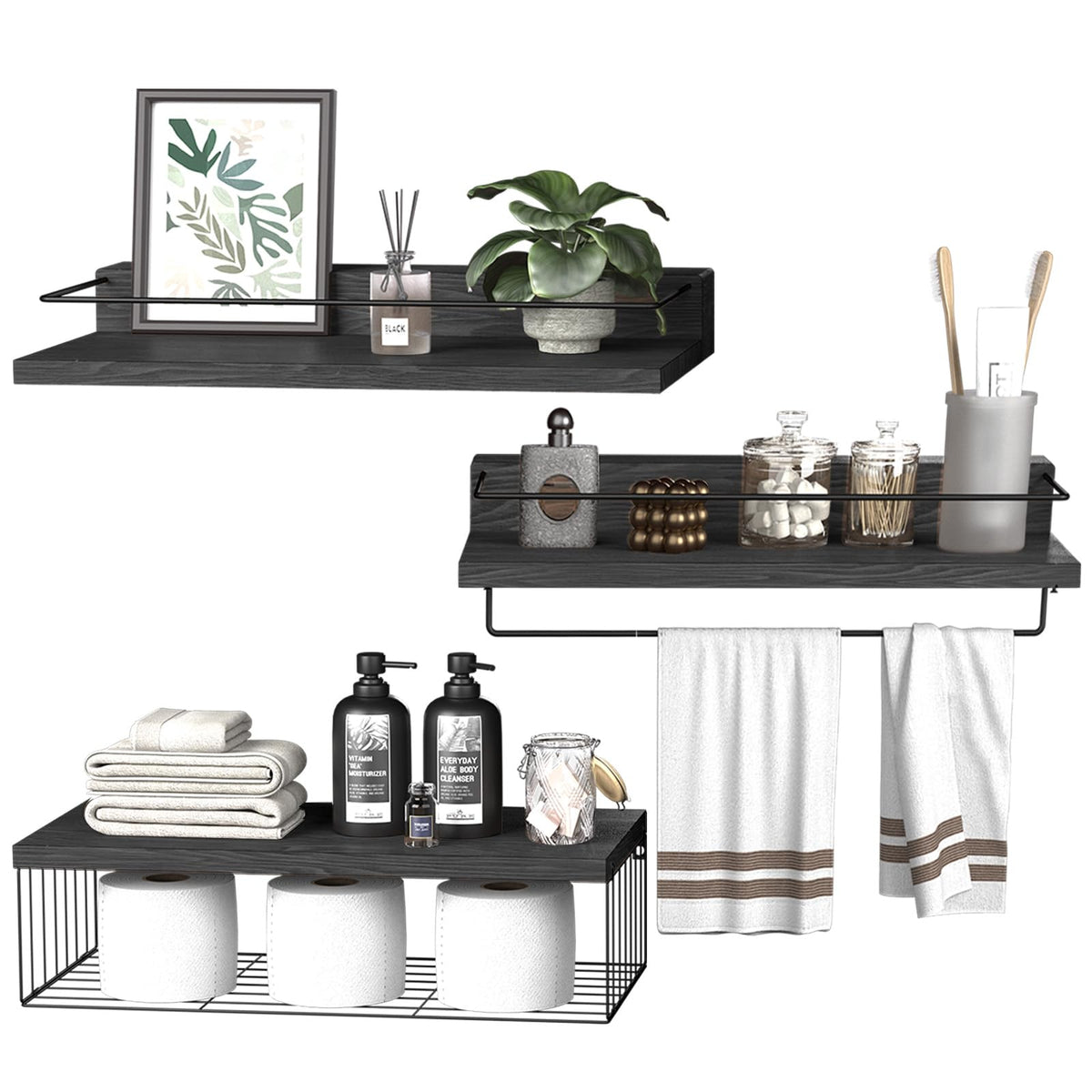 PopiShelves Bathroom Shelves Over Toilet for Wall, Floating Shelves with Storage Basket Paper Holer for Kitchen Living Room, Bedroom & Classroom, Set of 3 (Dark Brown)