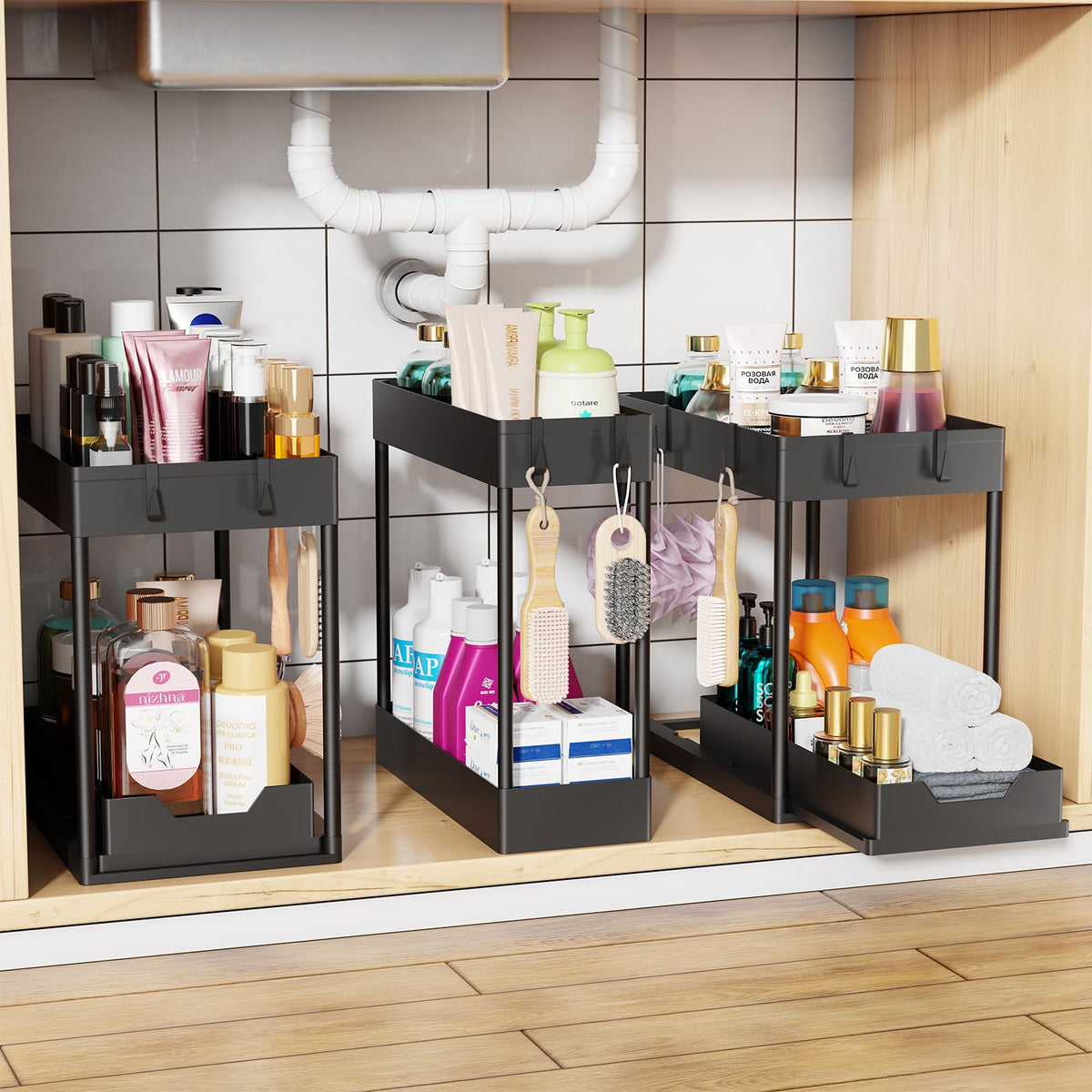 Simple Trending Under Sink Organizer 2 Pack, Sink Pull-Out Sliding Storage Cabinet, 2-Tier Under Shelf Organizer for Kitchen Bathroom, Black