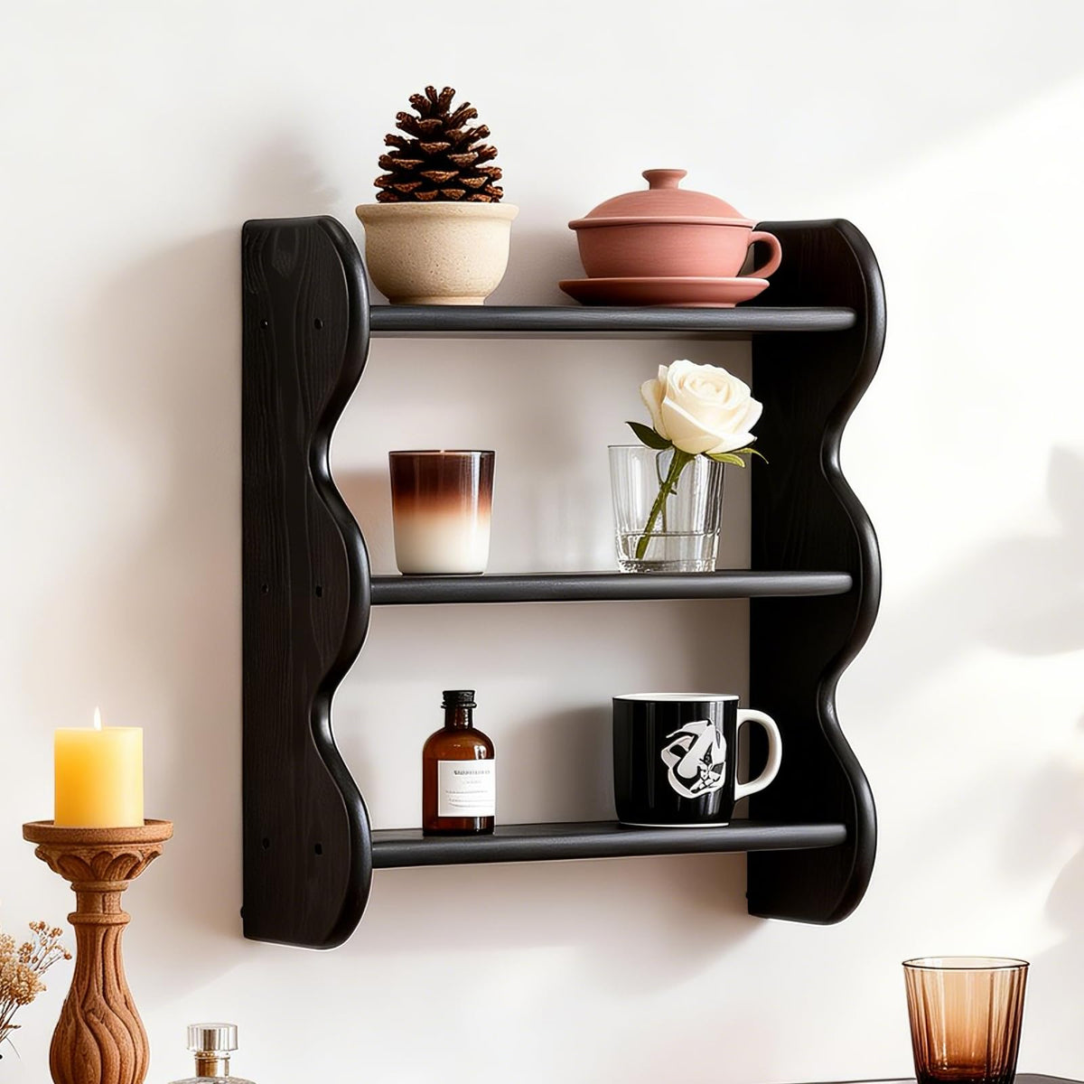 100% Solid Wood Wall Shelf 3-Tier, Rustic Floating Shelves Wall Mounted Storage Rack, Farmhouse Decor Hanging Shelf Display Shelves for Apartment, Living Room and Bedroom