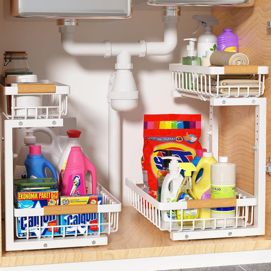 Liuoud Under Sink Organizer 2 Pack, 2 Tier Slide Out Large Capacity Height Adjustable Under Sink Organizers and Storage for Kitchen Bathroom Cabinet, White