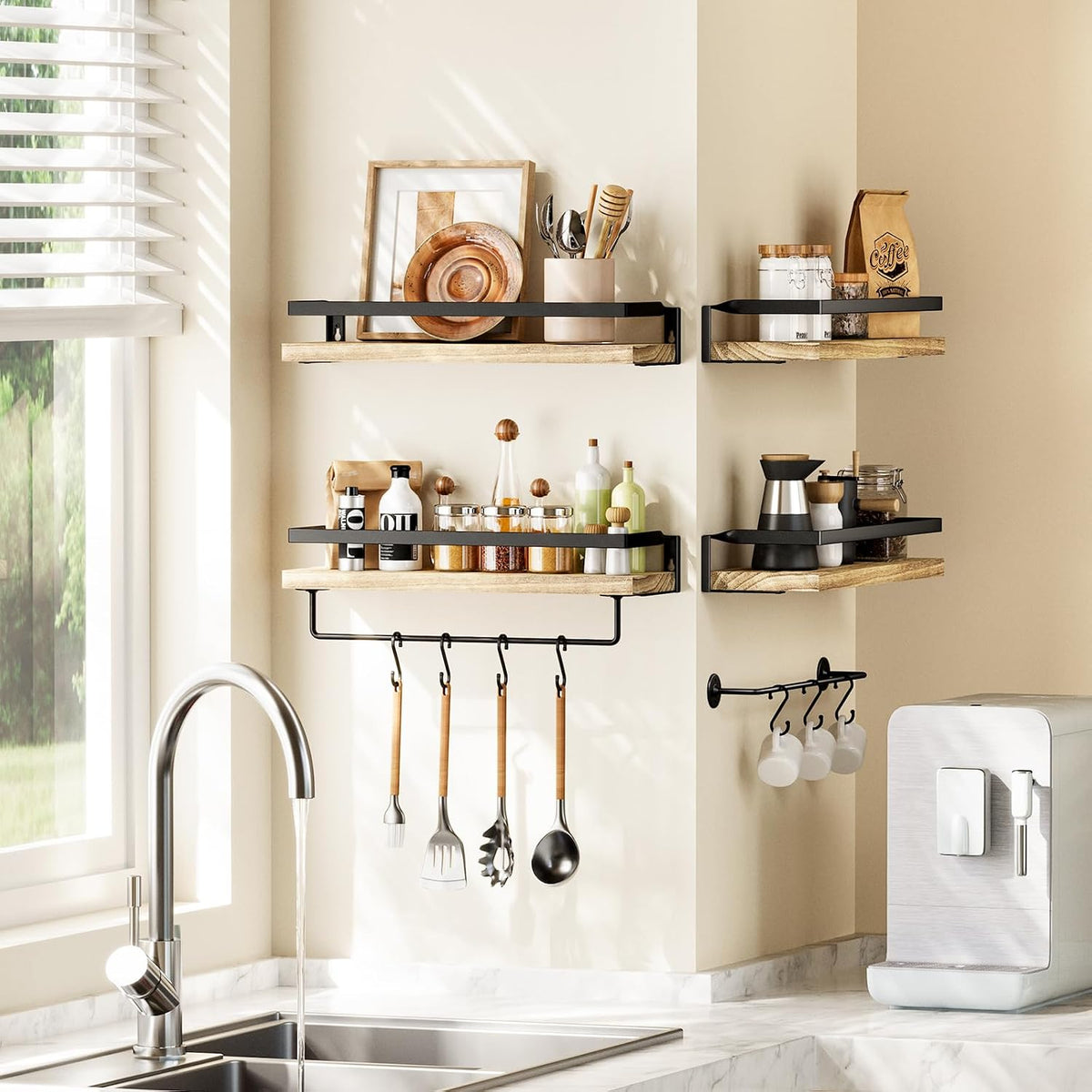 Amada Bathroom Shelves with Towel Bar, Set of 2, Light Brown