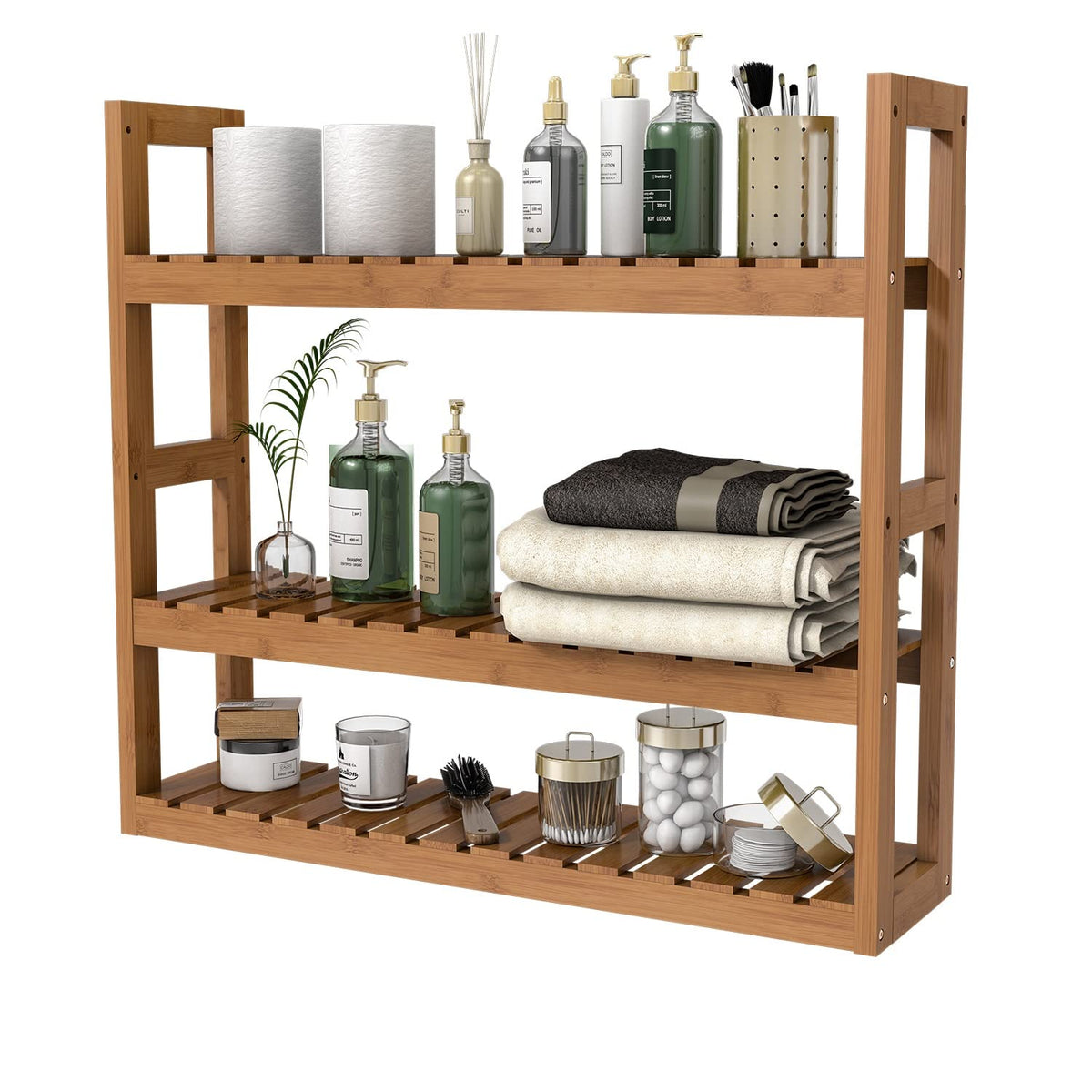 Domax Bathroom Shelves Over Toilet Storage - 3 Tier Wall Mounted Bamboo Bathroom Shelf Organizer Multifunctional Adjustable Layer Free Standing Utility Shelves for Bathroom Living Room Kitchen, White
