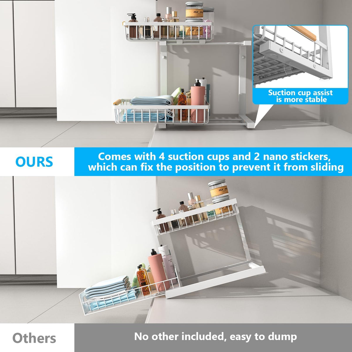 Merrylun Under Sink Organizers,5 Adjustable Height，Metal Pull Out Under Sink Organizers and Storage Shelves with Sliding Drawer, White 1pack（Hight 13.6″-16.9″）