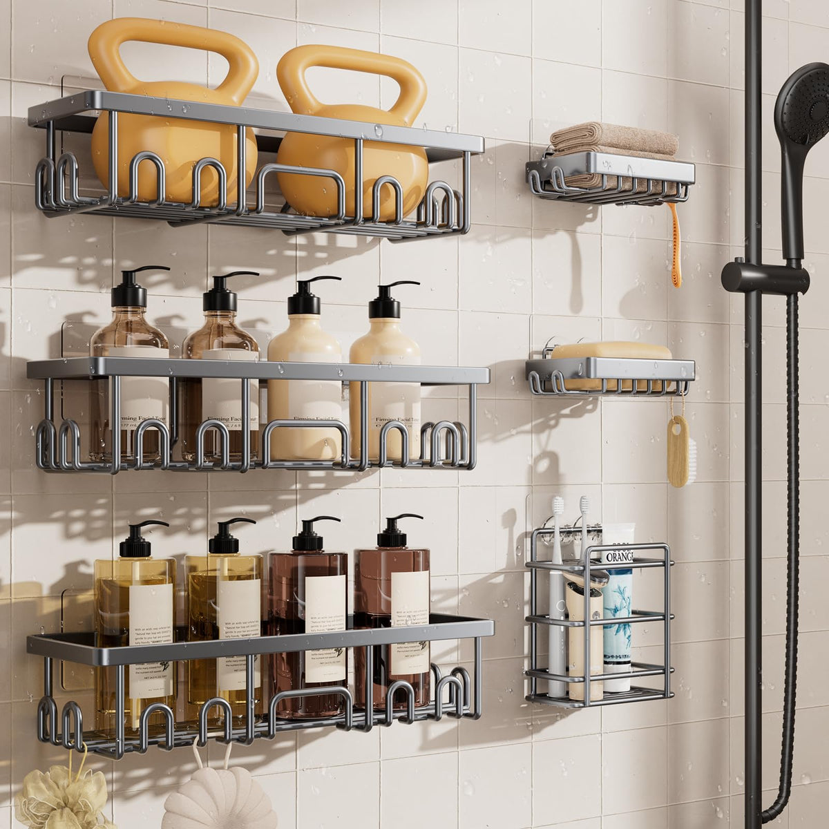 Veken Shower Caddy 6-Pack, Bathroom Organizers and Storage Shelves, Black
