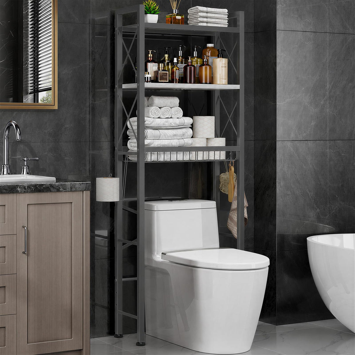 Kalrin Over The Toilet Storage with X Shape Side Guardrail, 3-Tier Over Toilet Storage Rack with Drain Basket, Freestanding Bathroom Organizer for Balcony Laundry, Pure Black