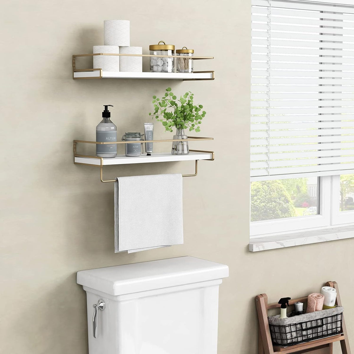 Forbena Floating Bathroom Shelves Wall Mounted, White and Gold Wall Shelf