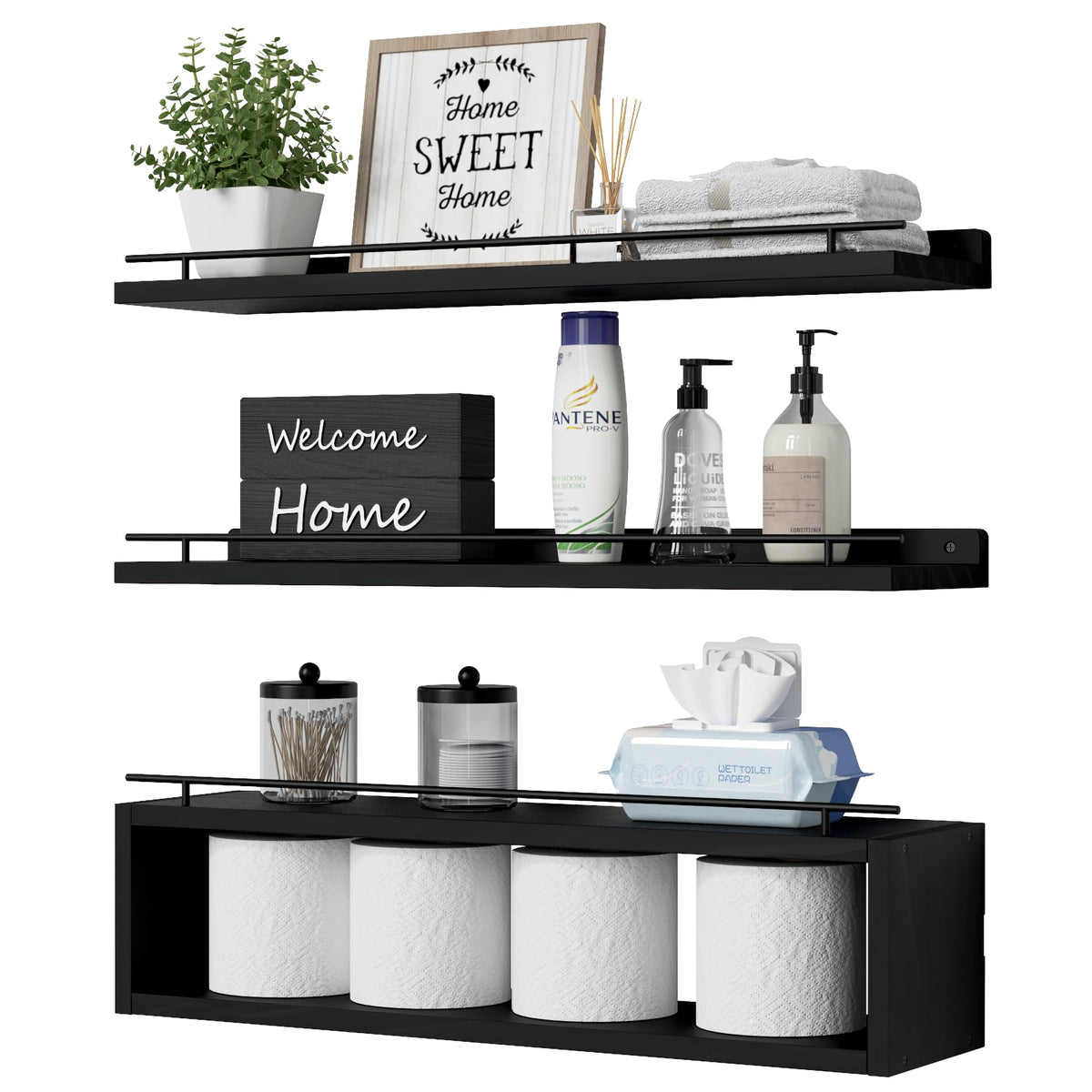 WOPITUES Floating Shelves for Wall with Cube Shelf, Wall Shelves with Metal Rail for Bathroom Decor, Bathroom Organizers and Storage, Over Toilet Shelves for Toilet Paper-Black
