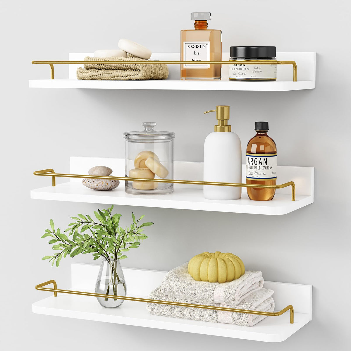 Forbena White Floating Shelves Bathroom Shelves Over Toilet Set of 3, Bathroom Organizers and Storage Shelves Wall Mounted, Modern Wood Corner Wall Shelf for Bedroom Closet -White and Dark Grey