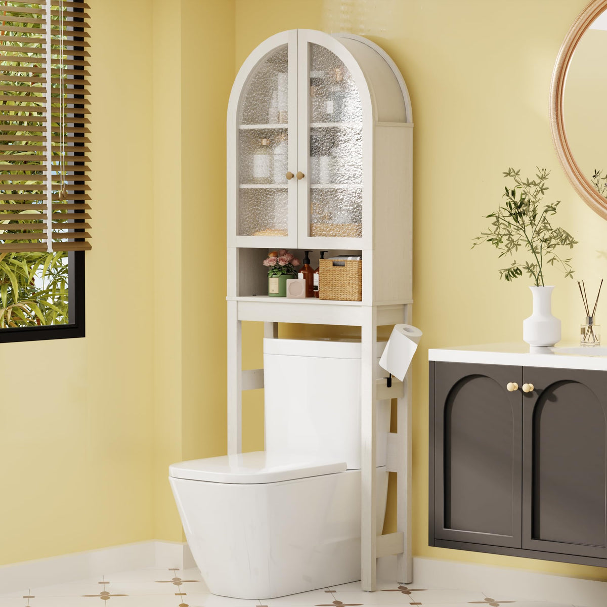 Over The Toilet Storage Cabinet, 29.7”W Modern Storage Cabinet Over Toilet with Acrylic Doors, Arched Freestanding Over Toilet Rack with Adjustable Shelf for Bathroom, White