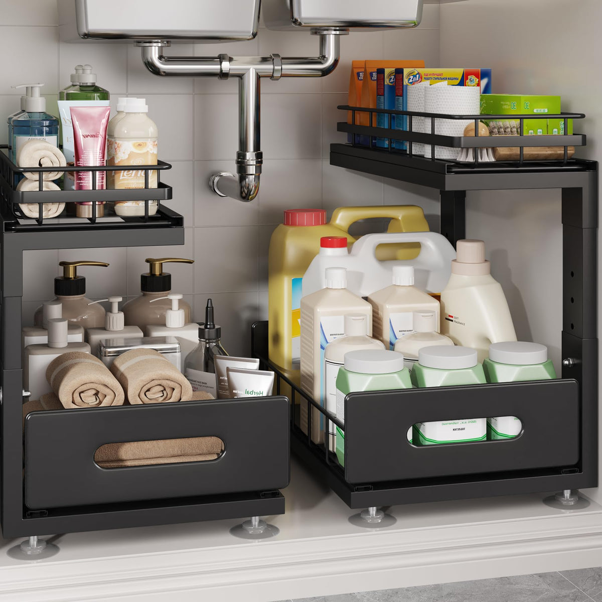 Under Sink Organizer Upgrade To Professional Rails,2-Tier Dual Pull Out Cabinet Storage,Height Adjustable Slide Out Drawers For Bathroom Kitchen,2 Pack-14.5" Dx12.8-16.9" H,White