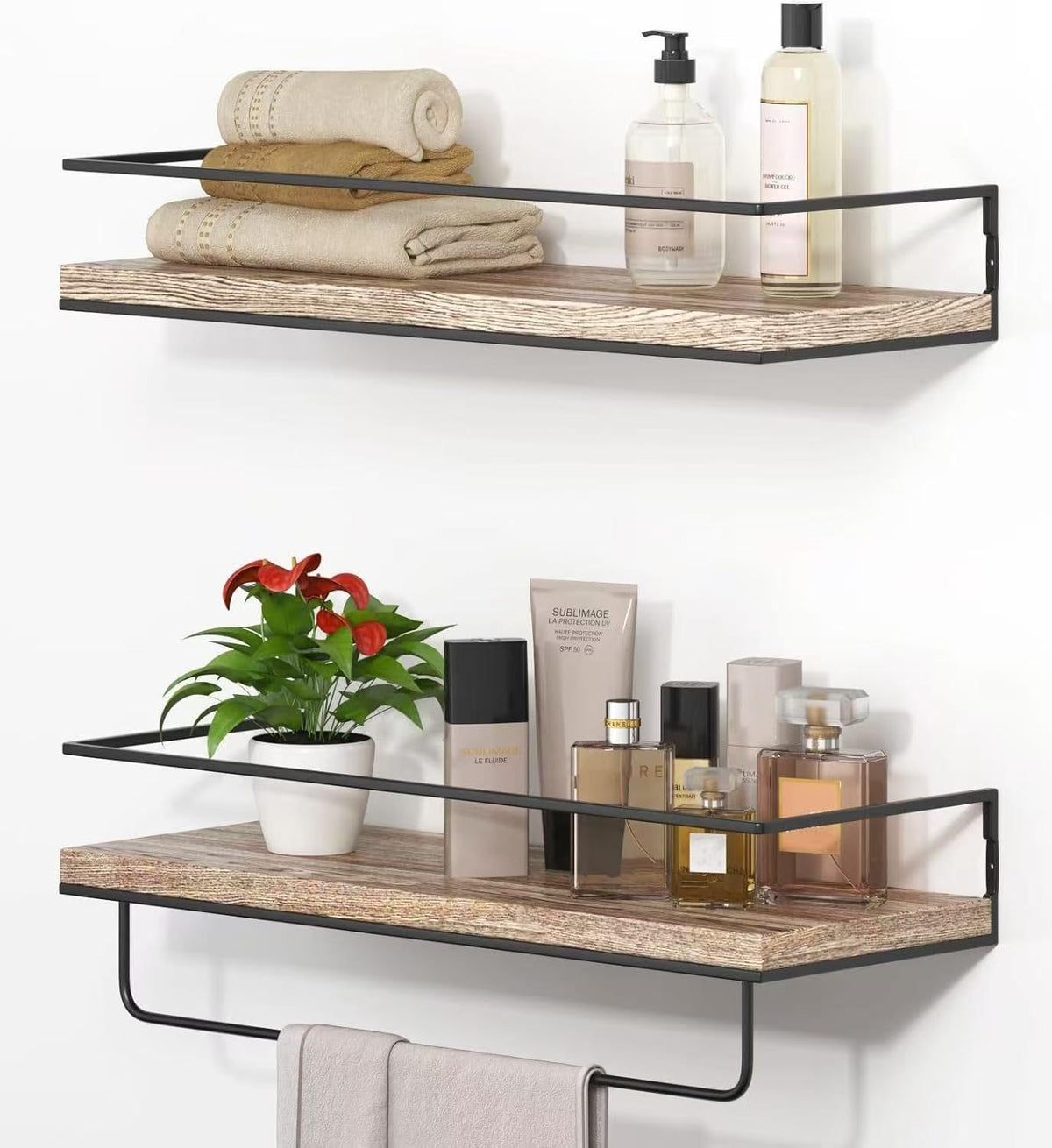Shario White Floating Shelves - Set of 2, Wall Mounted Hanging Shelves with Golden Towel Rack, Decorative Storage Shelves for Bathroom, Kitchen, Living Room & Bedroom (White Gold, 15.7 Inches)