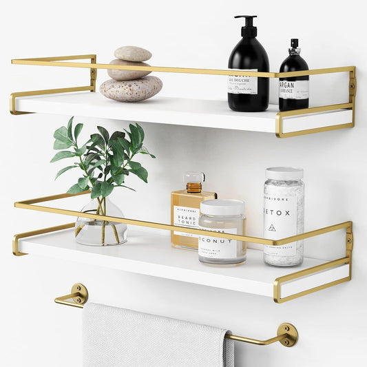 Forbena Floating Bathroom Shelves Wall Mounted, White and Gold Wall Shelf