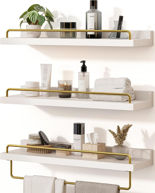 Seocry Bathroom Shelves, Wall Shelf Set of 3, Floating Shelves, Shelves for Room Wall, Bathroom Decor (White Gold, 15.7 Inches)
