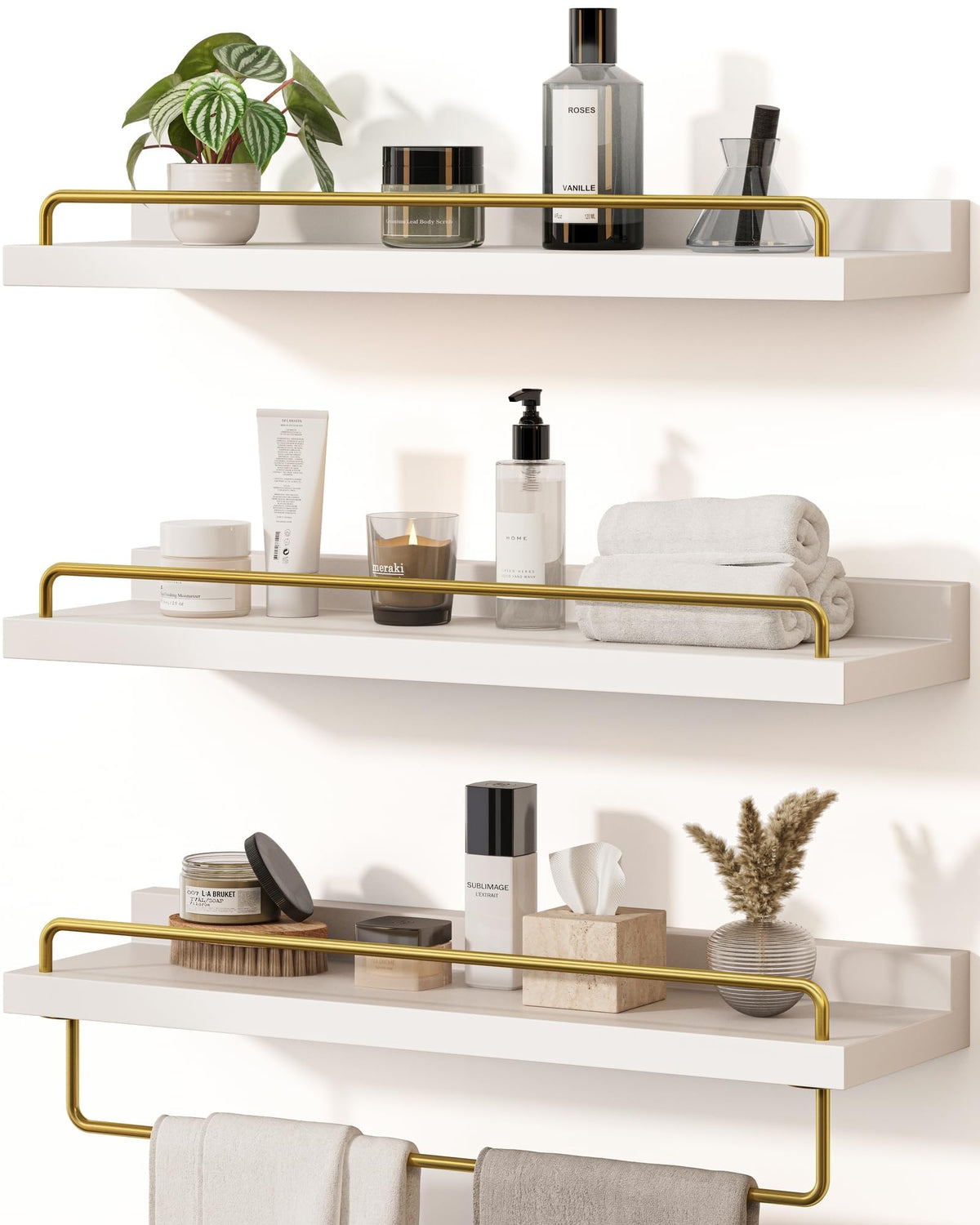 Seocry Bathroom Shelves, Wall Shelf Set of 3, Floating Shelves, Shelves for Room Wall, Bathroom Decor (White Gold, 15.7 Inches)