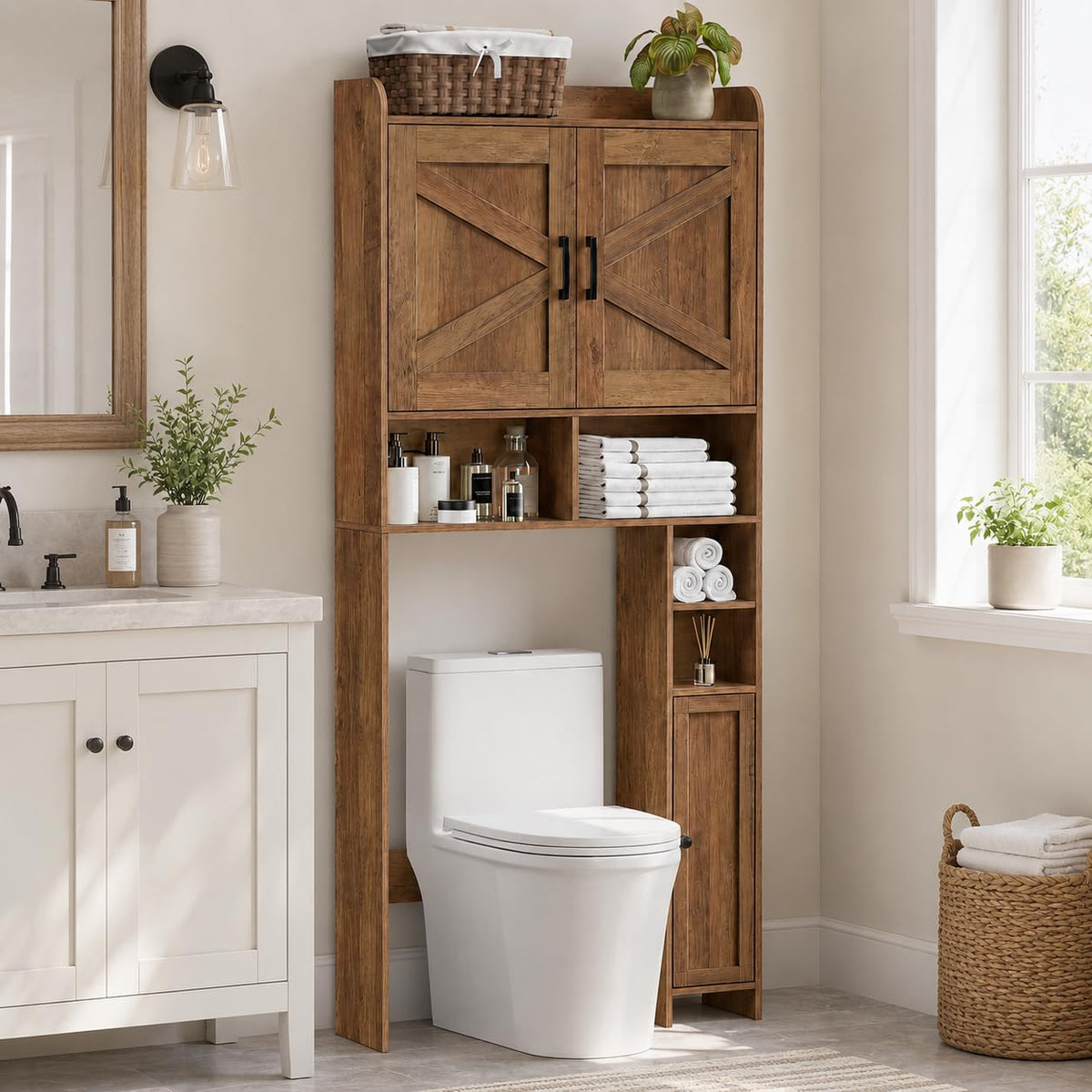 Homhedy Wooden Over The Toilet Storage Cabinet with Barn Door
