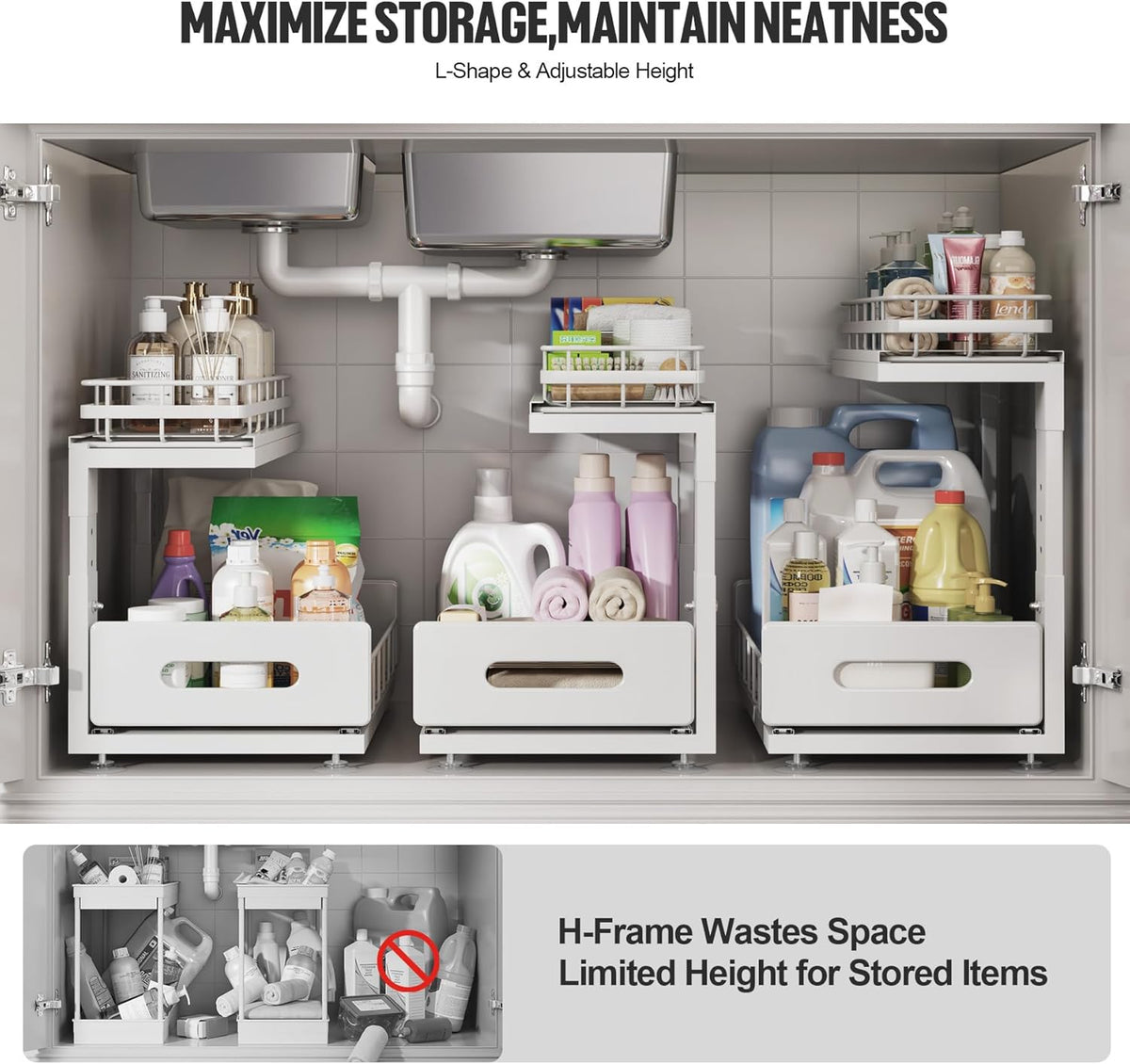 Under Sink Organizer Upgrade To Professional Rails,2-Tier Dual Pull Out Cabinet Storage,Height Adjustable Slide Out Drawers For Bathroom Kitchen,2 Pack-14.5" Dx12.8-16.9" H,White