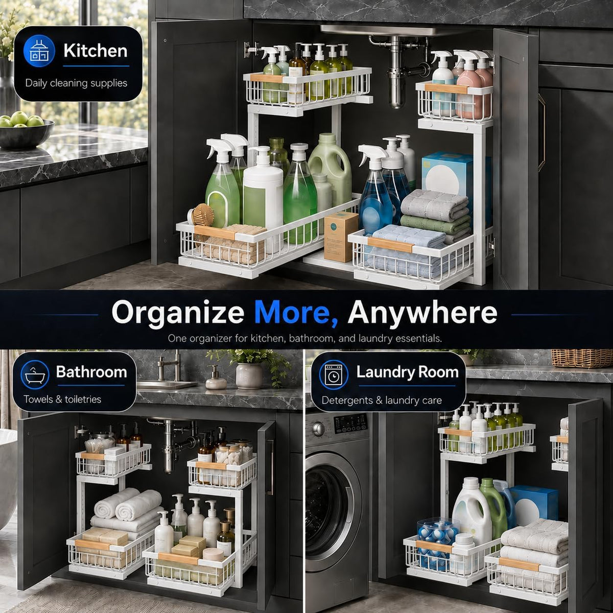 Under Sink Organizer 2 Pack, Double Slide Out Metal Shelf, White