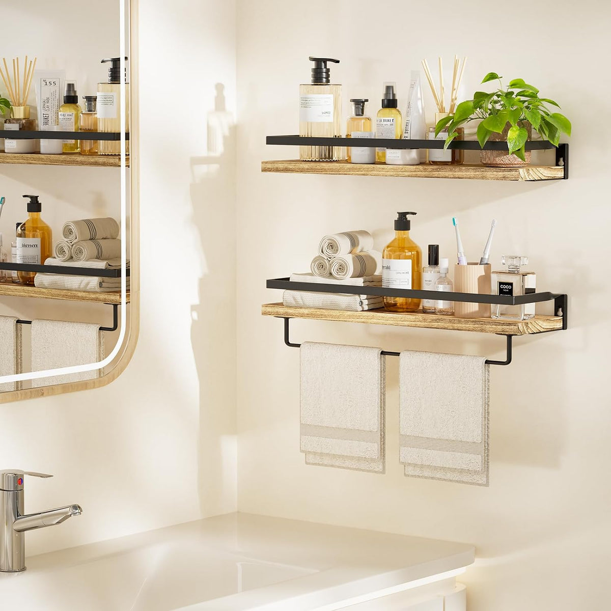 Amada Bathroom Shelves with Towel Bar, Set of 2, Light Brown