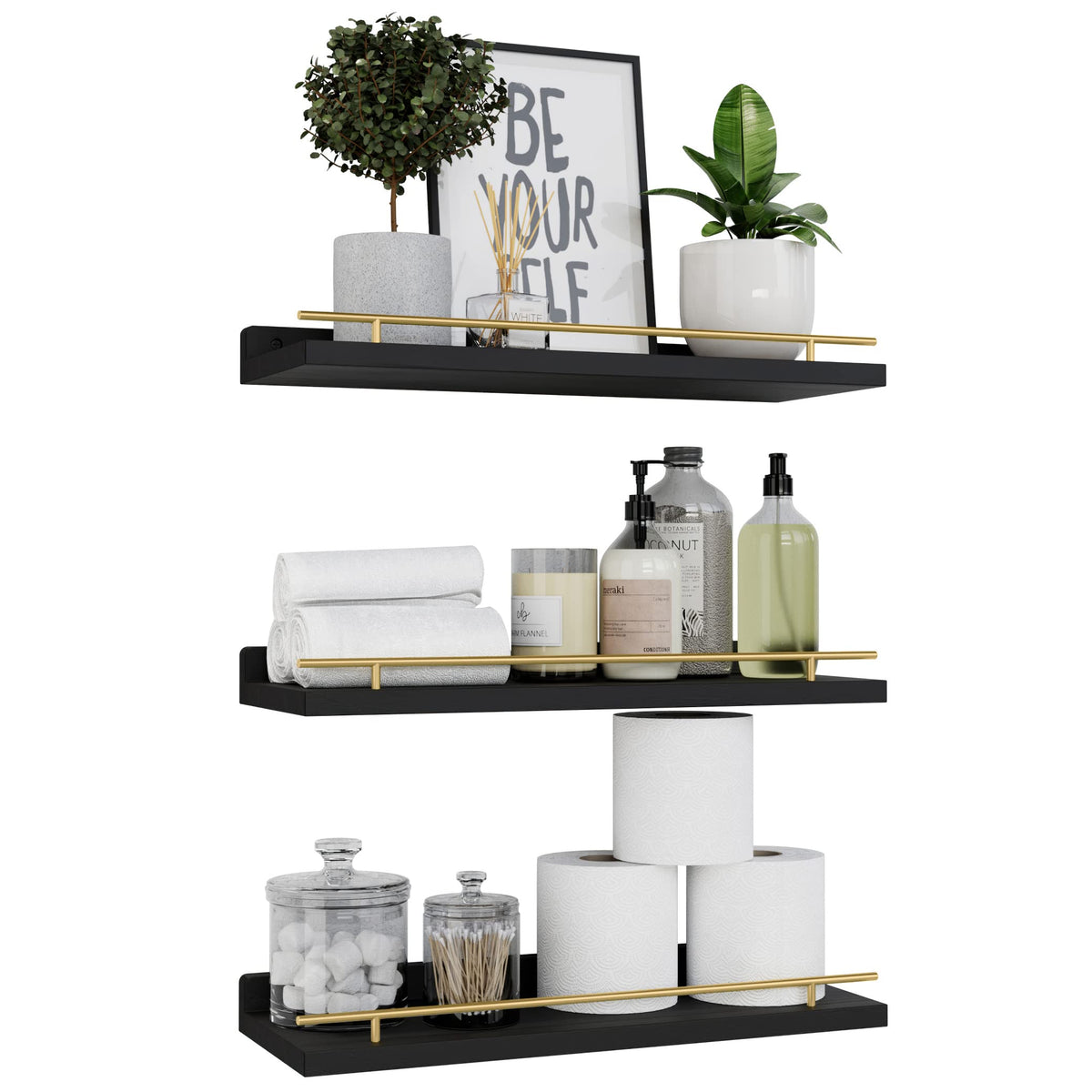 WOPITUES Floating Shelves for Wall Decor Set of 3, Black