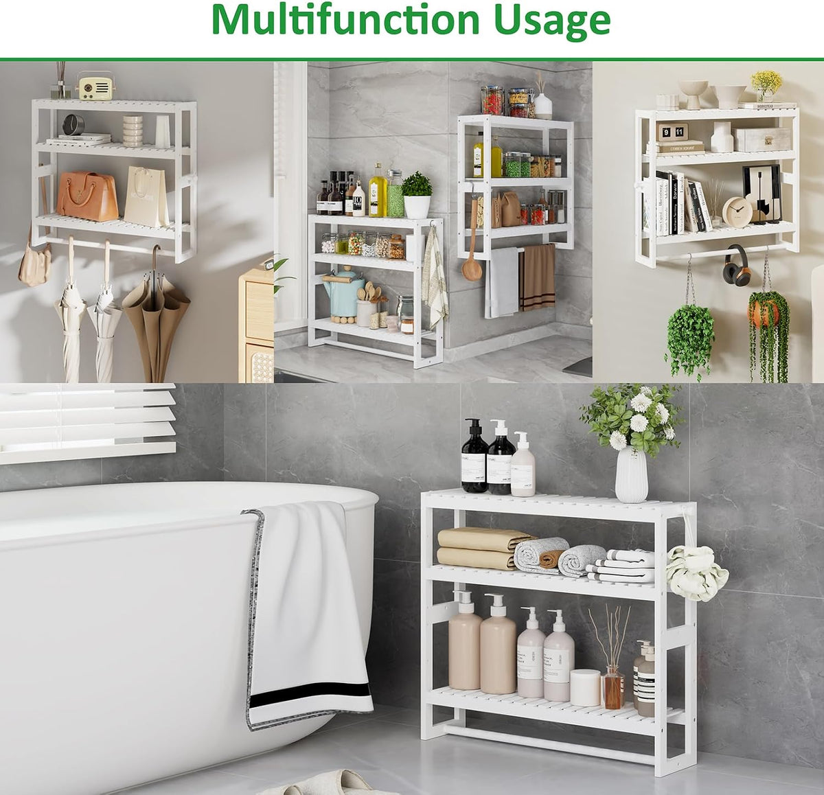 RRX Bathroom Shelf Storage Organizer, Shelf 3-Tier Adjustable Layer, White