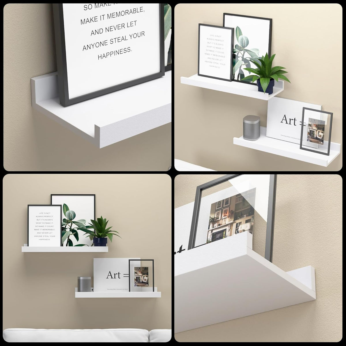 Boswillon Floating Shelves Set of 2, Small Wall Shelf with Lip, 16in, White